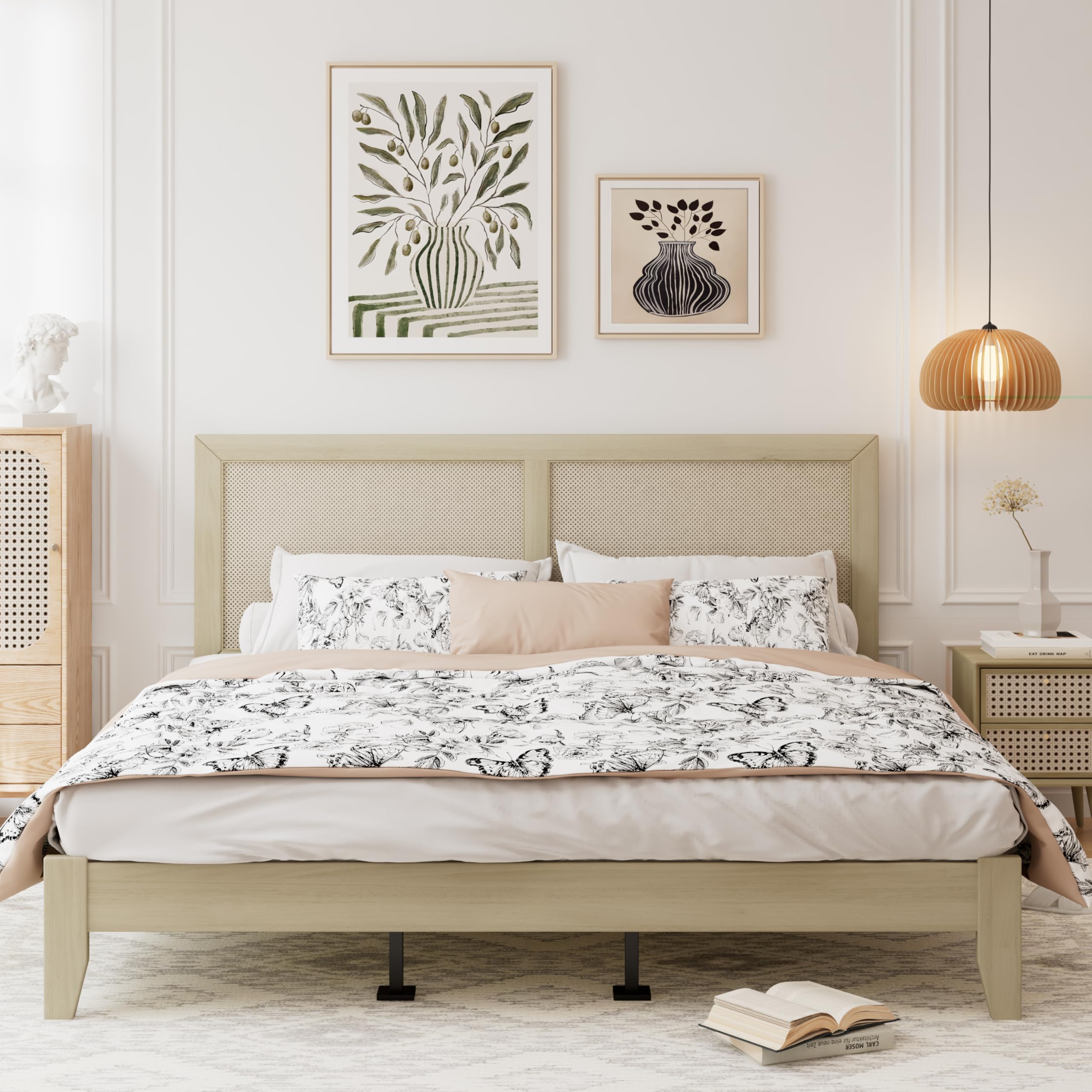 GDFStudio Platform Bed with Rattan Headboard,California King Size Solid Wood Bed Frame, Modern Coastal Bohemian Styles,No Box Spring Needed,Wooden