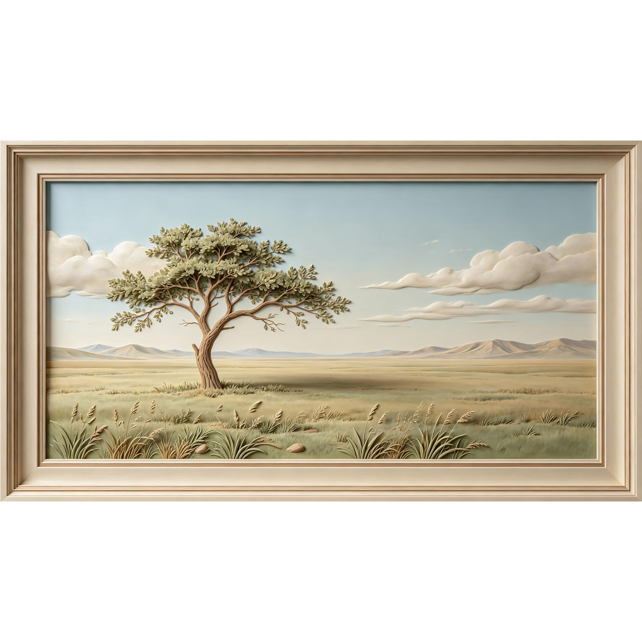 QZLITHOTIC 50×90cm3D Framed Wall Art， Lone Tree Mountain Landscape Minimalist 3D Trompe l'oeil Mural， Water?Activated Peel & Stick Fabric Decor Wall Decal for Bedroom Living Room