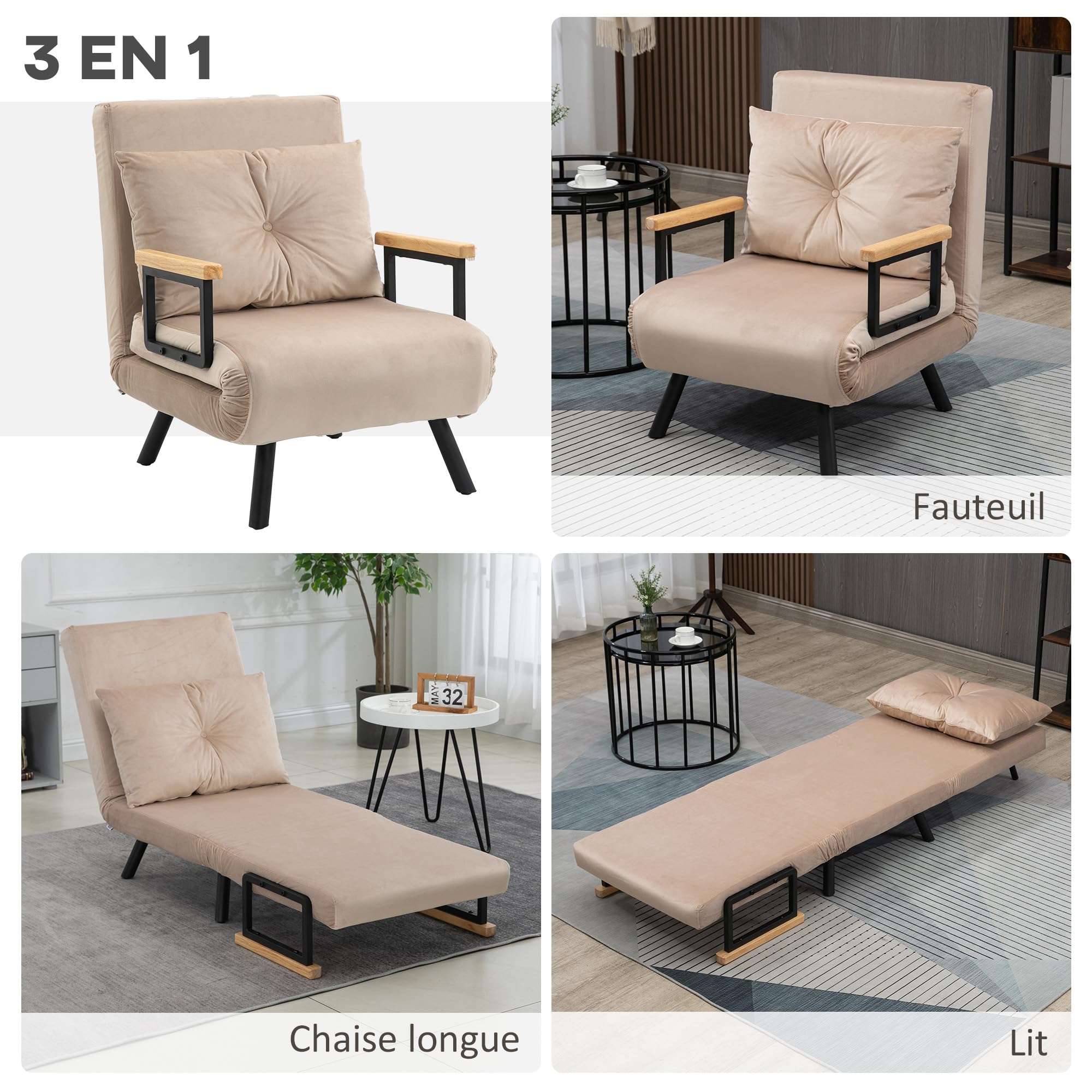 HOMCOM Fauteuil Convertible 1 Place, Fauteuil-lit chauffeuse 3 en 1 avec Dossier réglable 5 Positions, Oreiller, siège rembourré, Tissu Aspect Velours, canapé-lit pour invités, Salon, Bureau, Beige