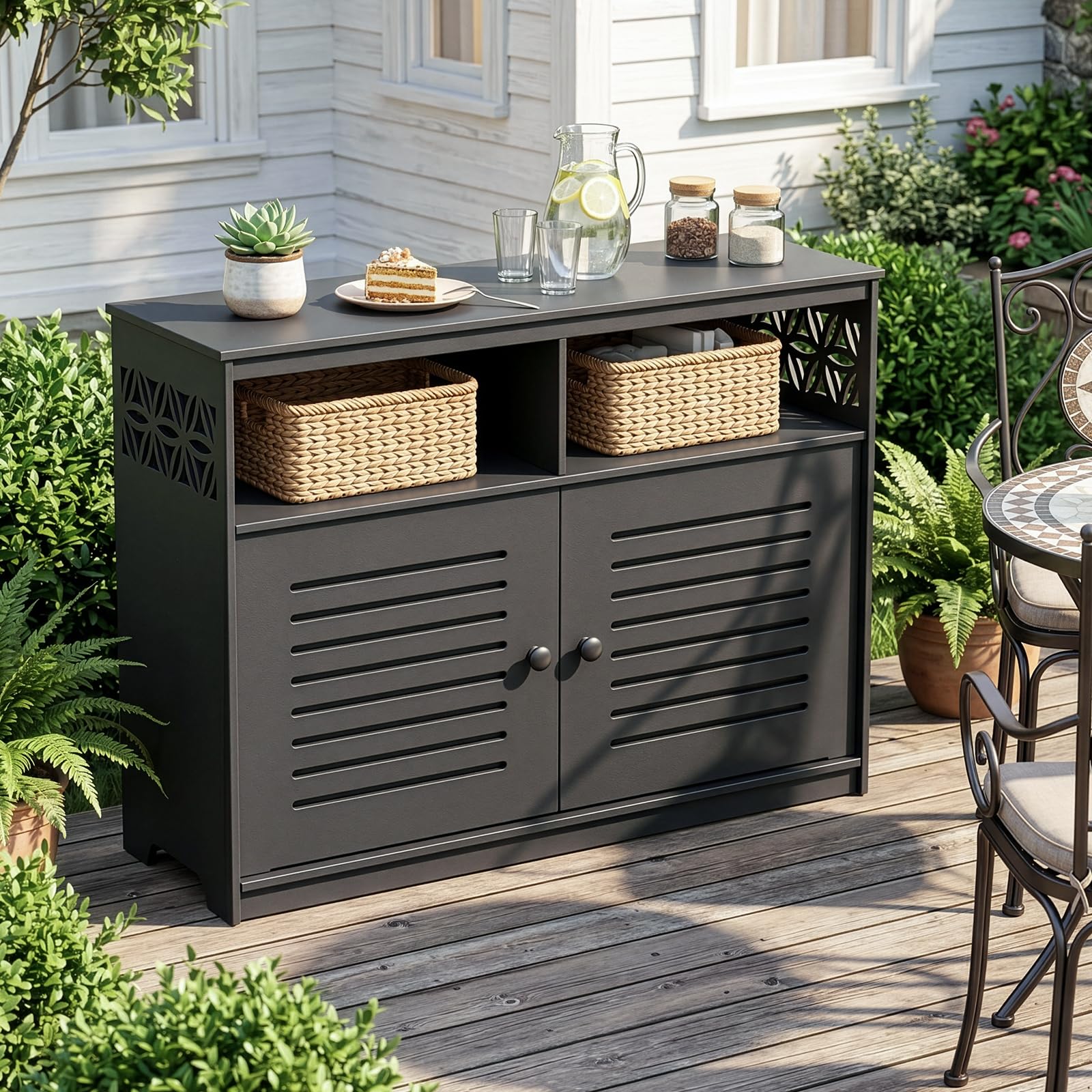 Gartenschrank mit Staufächern, Gartenschrank wetterfest Outdoor, 107 x 39 x 80 cm, Hochwertiges PVC-Material, Leicht zu pflegen und zu reinigen, Schwarz
