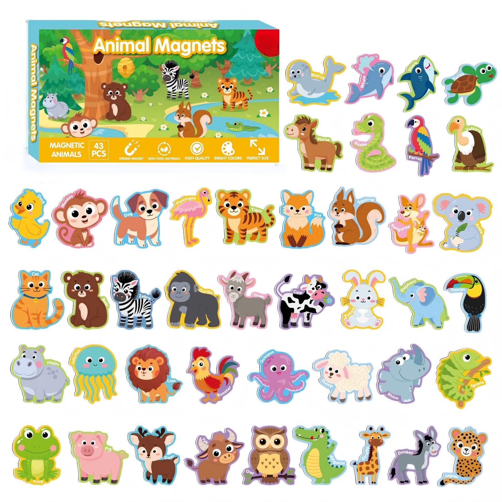 43PCS Animal Fridge Magnets for Toddlers, Magnetic Animals for Kids, Soft Animal Magnets, Full Magnet Backing for Refrigerator Whiteboard for Educational Creative Play Preschool Learning