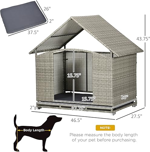 Miniatura 7 de PawHut Casa de mimbre para perros al aire libre con toldo, cama de ratán para perros con cojín suave resistente al agua, casa para perros pequeños