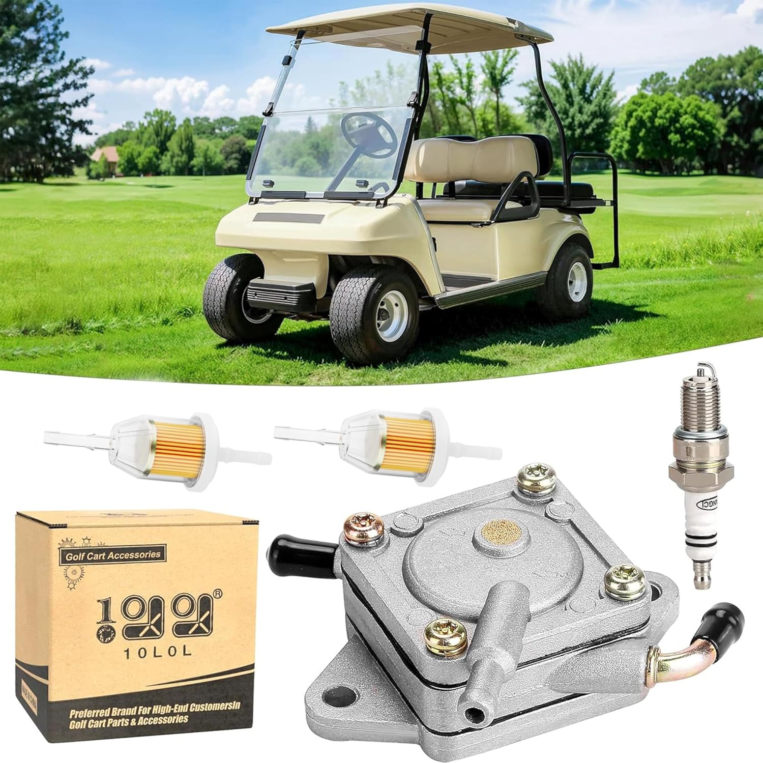 10L0L Golf-Cart-Fuel-Pump-Impulse-Kit for Club-Car DS & Precedent 1984-up Gas with 290FE 350FE Kawasaki Engine, Replace OEM 1014523 1014524 S 5136 FP002, Includes Filters & Spark Plug