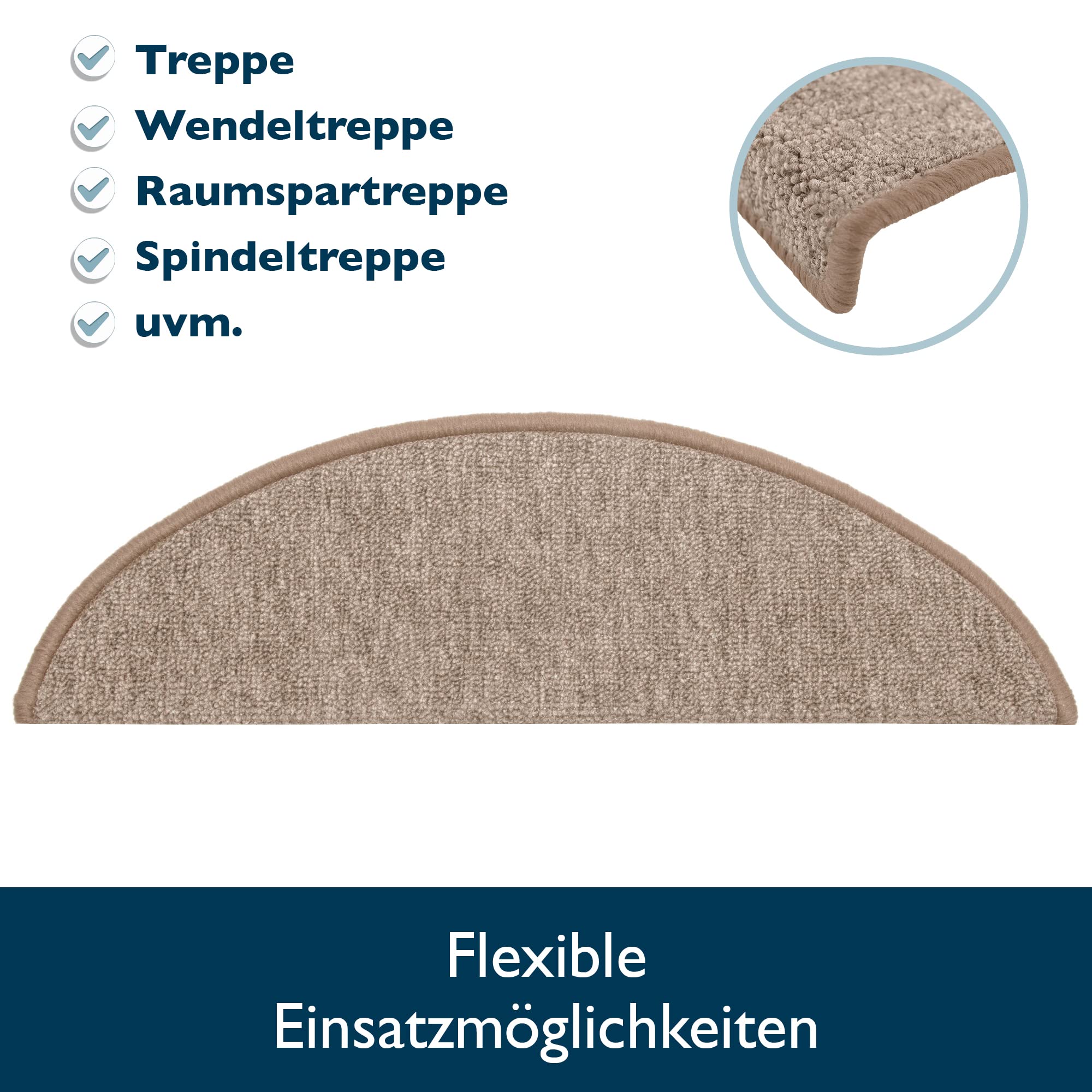 Beautissu Treppenstufen Matten 55x15 cm – 15 Stück Schmale Treppen Stufenmatten Selbstklebend Innen Treppenmatten Stufenmatte Teppich Treppenteppich Stufenteppich Halbrund Sand – ProStair