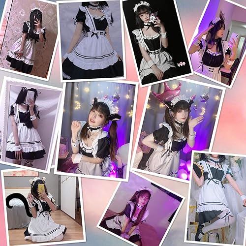 Miniatura 2 de Juego disfraz anime de sirvienta francesa con set de medias y orejas de gato peludas, disfraz elegante de lolita para cosplay, Negro-blanco, M