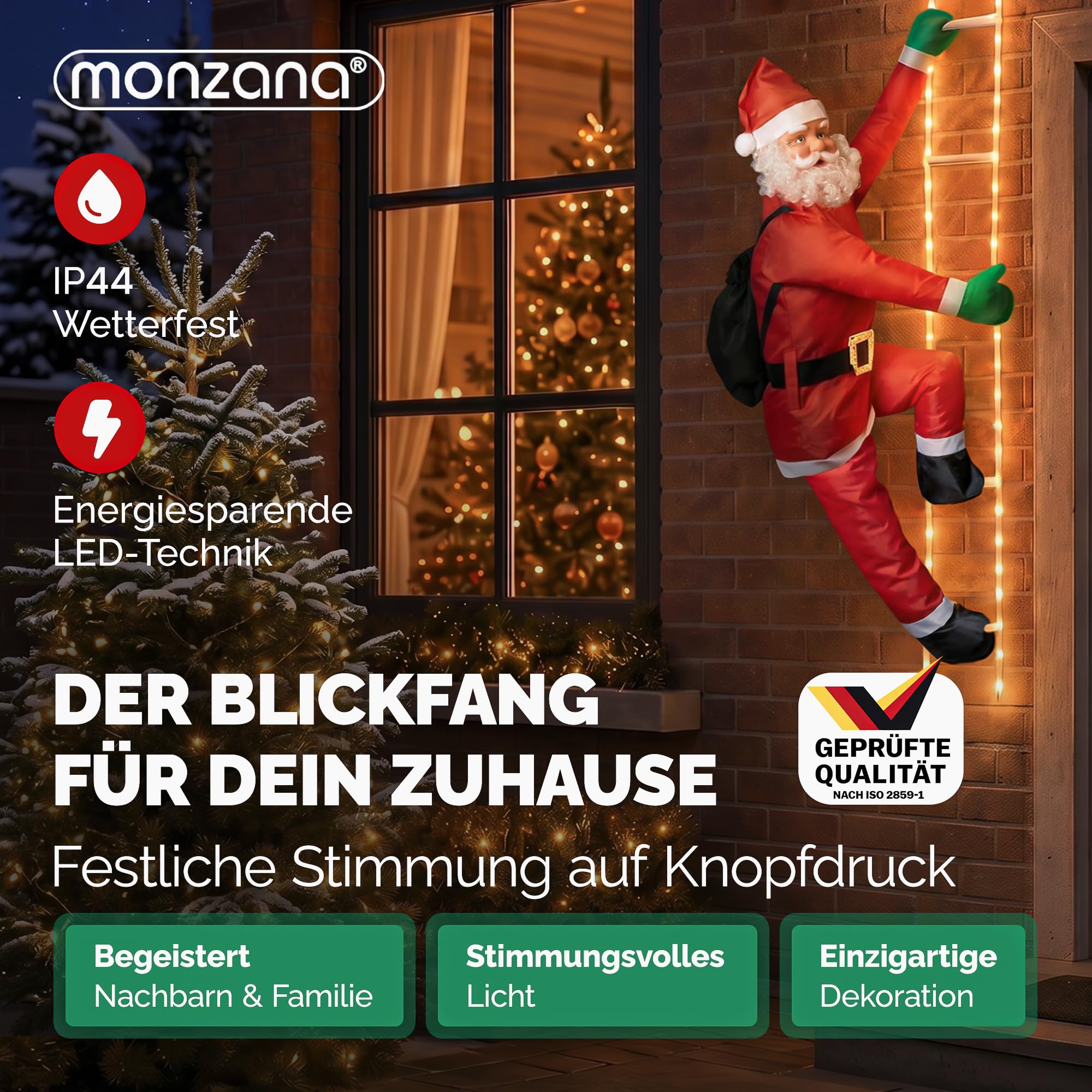 MONZANA LED Weihnachtsmann Leiter XXL In-/Outdoor Timer | 240 cm, 8 Leuchtfunktionen,100 LEDs, Fernbedienung, dimmbar, Santa Claus, Nikolaus, Weihnachten, Figur, Deko