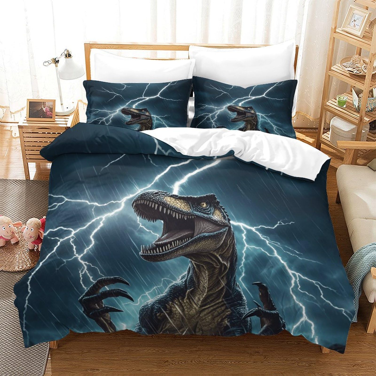 LILIlaobiao Washable Dinosaur Duvet Cover Set Double（200x200cm）, T-Rex Lightning Quilt Cover Set with Pillowcases, Soft Microfiber Bedding Set for Kids & Adults