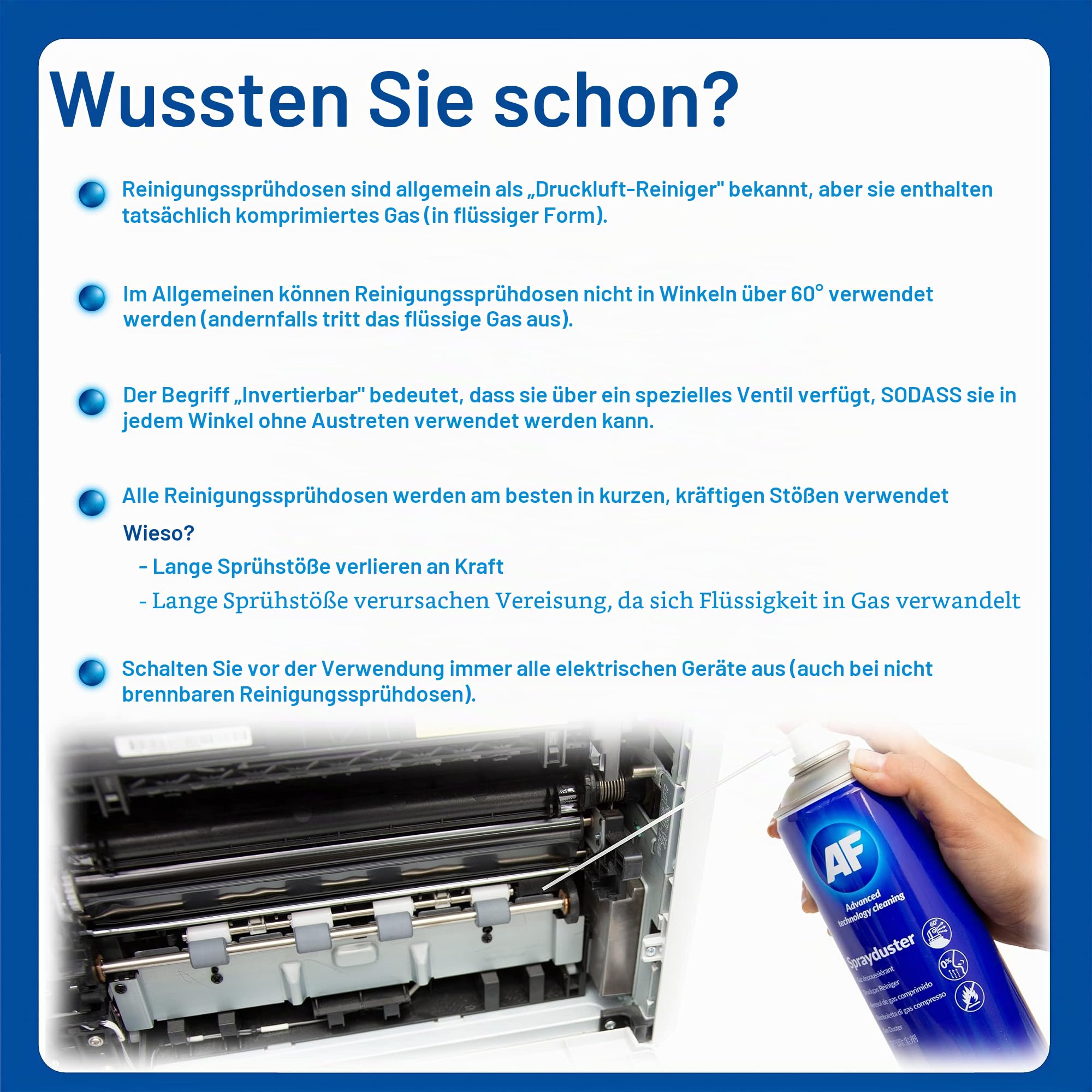 AF Druckluft Reiniger 400 ml | Nicht brennbar, Sprühzerstäuber, Nicht umkehrbar, Für Büro-PCs / Tastatur / Industrieelektronik / Lüfter