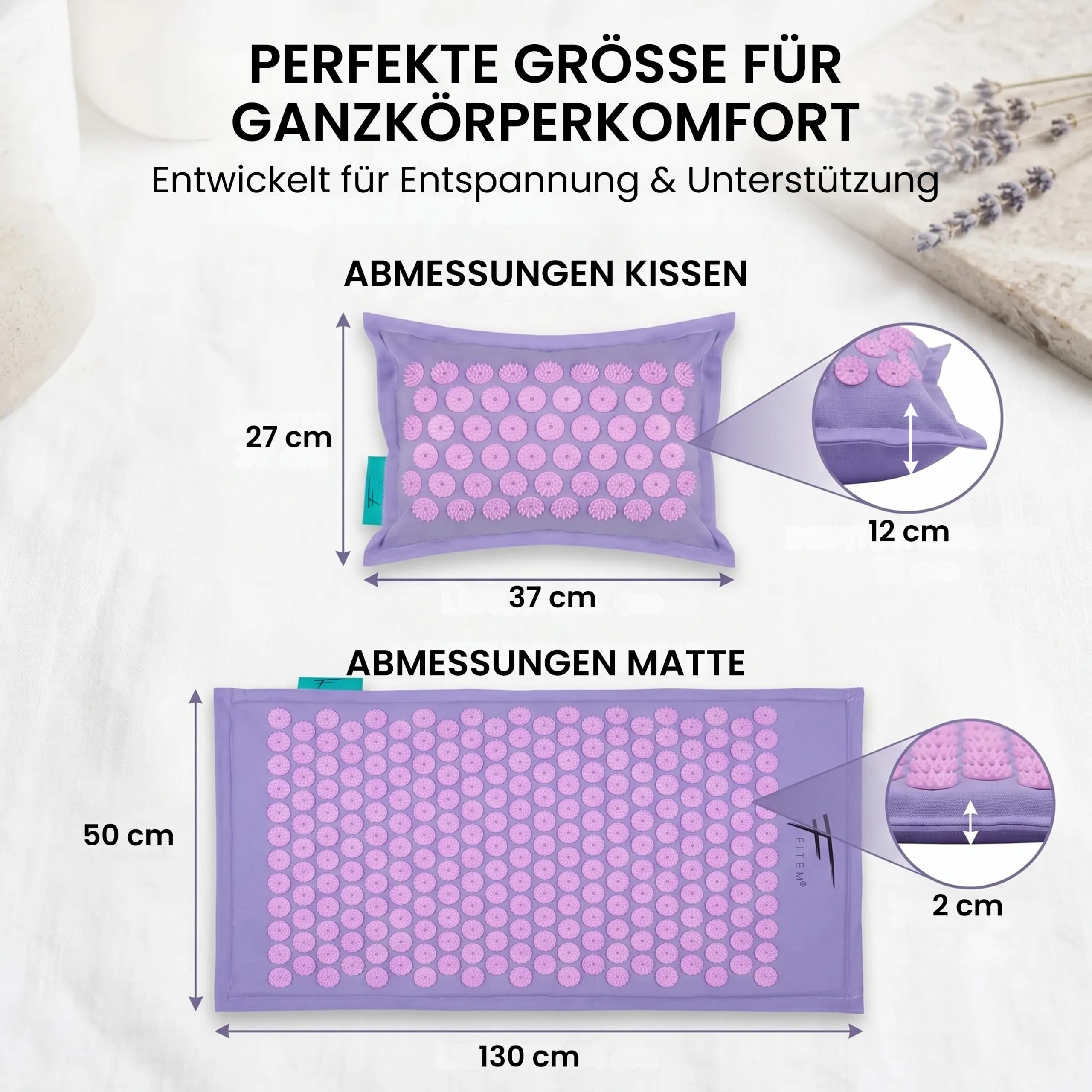 Fitem Akupressurmatte mit Kissen & Ball, 100% Kokos, XL Violett