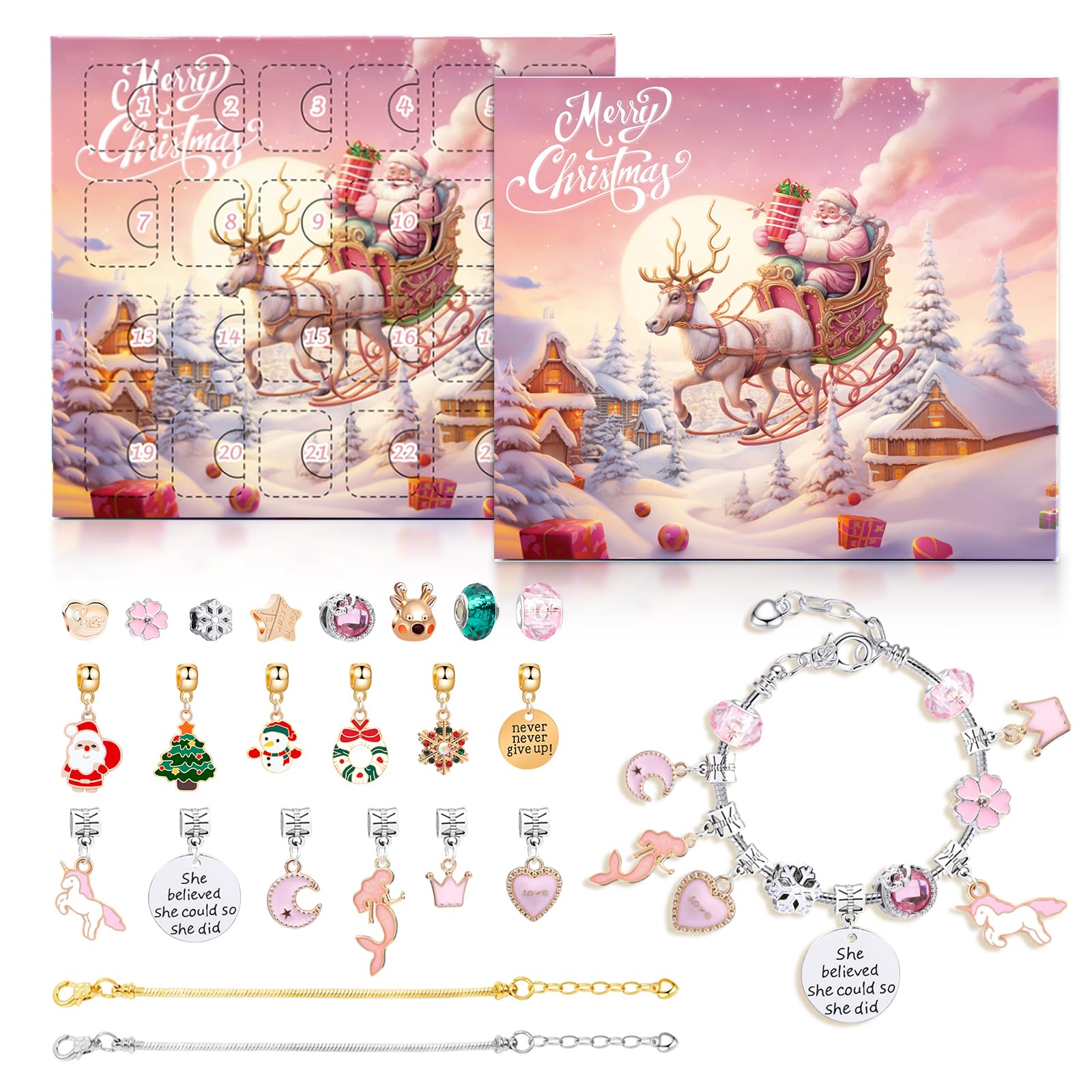 2025 Pink Christmas Charm Bracelet Advent Calendar, Blind Box with 22 Pendants and 2 Bracelets, 24 Days Countdown Charm Bracelet Advent Calendar Contains 24 Gifts for XMAS Christmas Tree Hanging Ornaments Decorations Christmas Eve