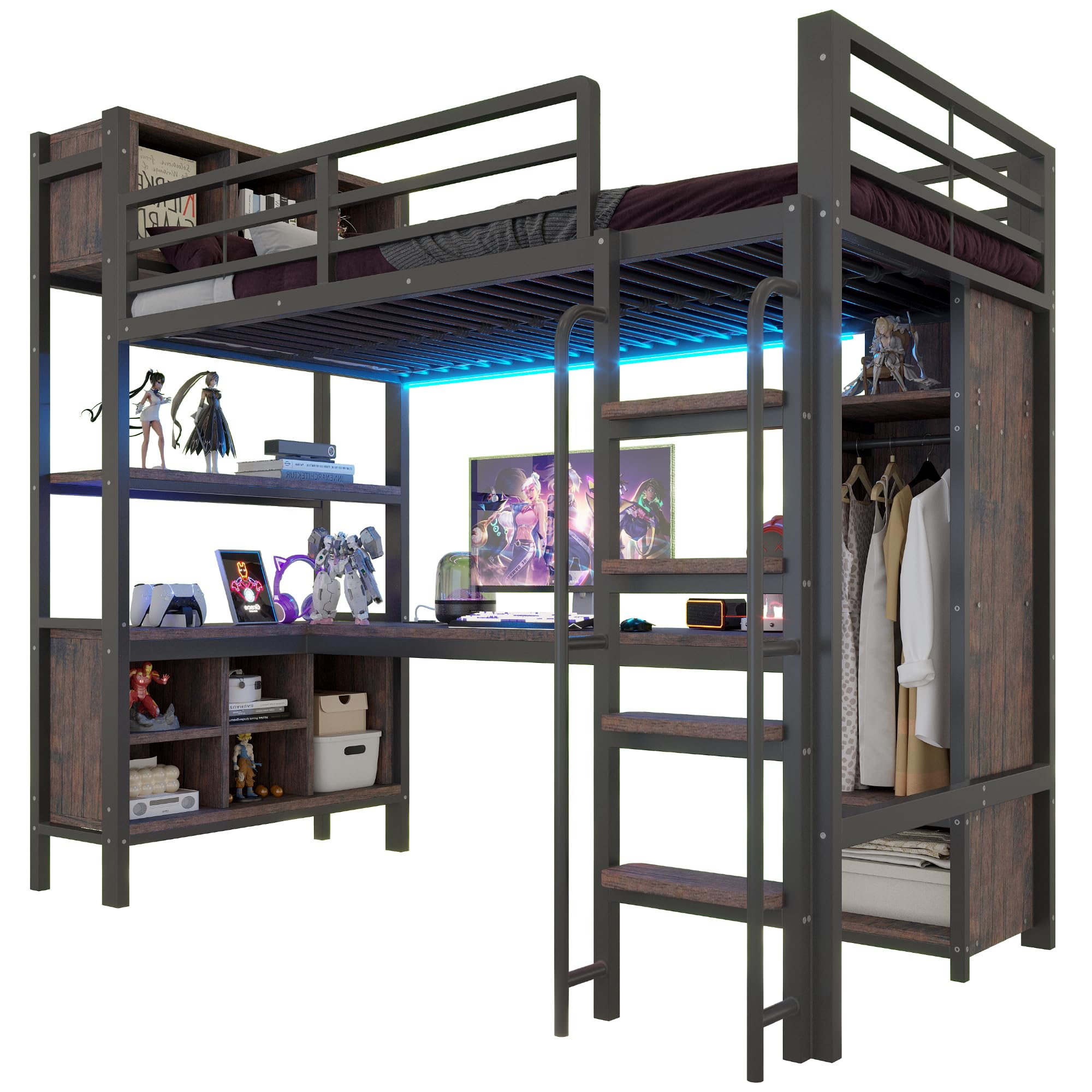 Letto a Soppalco Gaming per Cameretta, con Scrivania, Luci LED, Presa Elettrica, Armadio, Ripiani e Scaffali Aperti, Scala Larga, Metallo Robusta, per Adolescenti e Adulti (90 x 200 cm - Singolo)