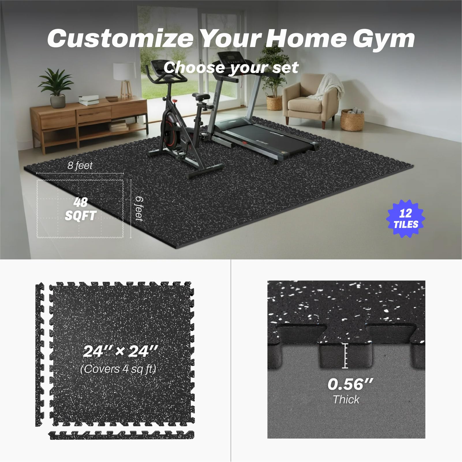 0.56in Thick 48 Sq Ft Exercise Equipment Mats, 12 Tiles Upgraded Rubber Top with High Density EVA Foam, Large Interlocking Puzzle Gym Flooring for Home Gym, Heavy Weight Workout, 24 x 24in