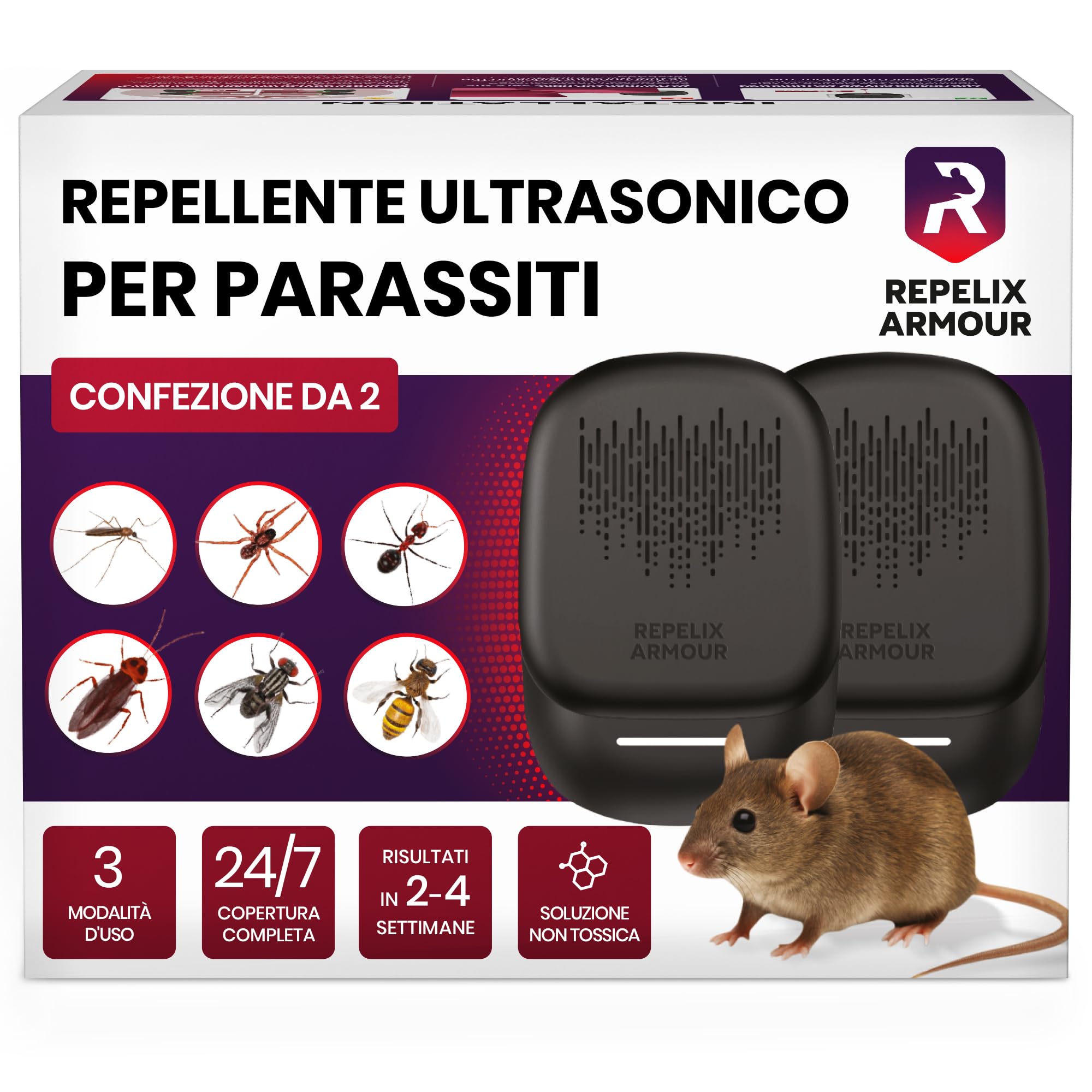 Repellente ultrasonico per parassiti da interno – Confezione da 2 – Copre 140m² per dispositivo – 3 modalità – Allontana topi, ratti, ragni, zanzare, formiche, insetti e mosche - 1