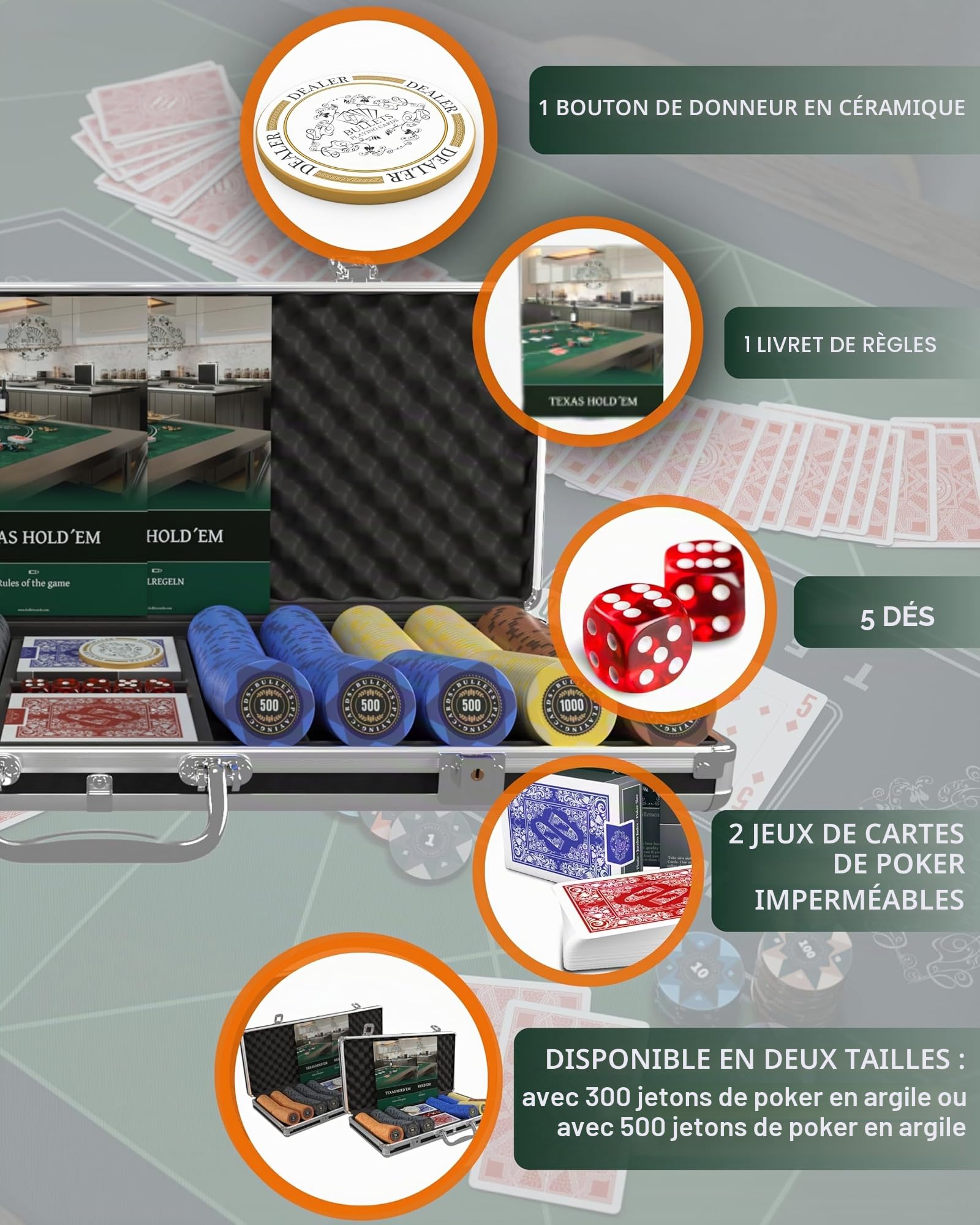 Bullets Playing Cards | Mallette de Poker 500 Jetons Clay 12g – Coffret Complet avec Cartes, dés et Bouton Dealer en céramique – Design Adriana