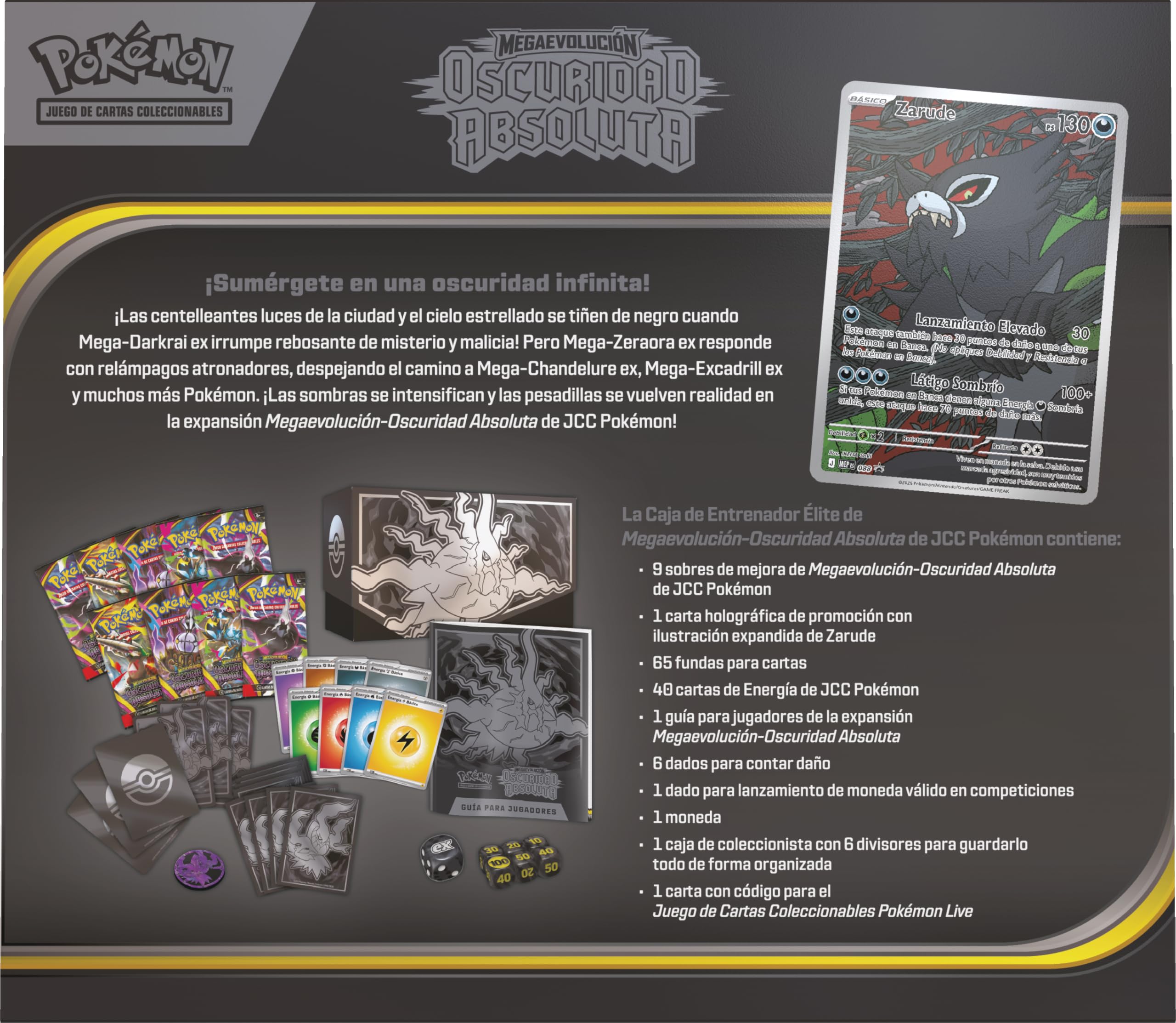 Pokémon: Caja de Entrenador Élite de Megaevolución-Oscuridad Absoluta (1 Carta de promoción con ilustración expandida, 9 Sobres de Mejora y Accesorios prémium)