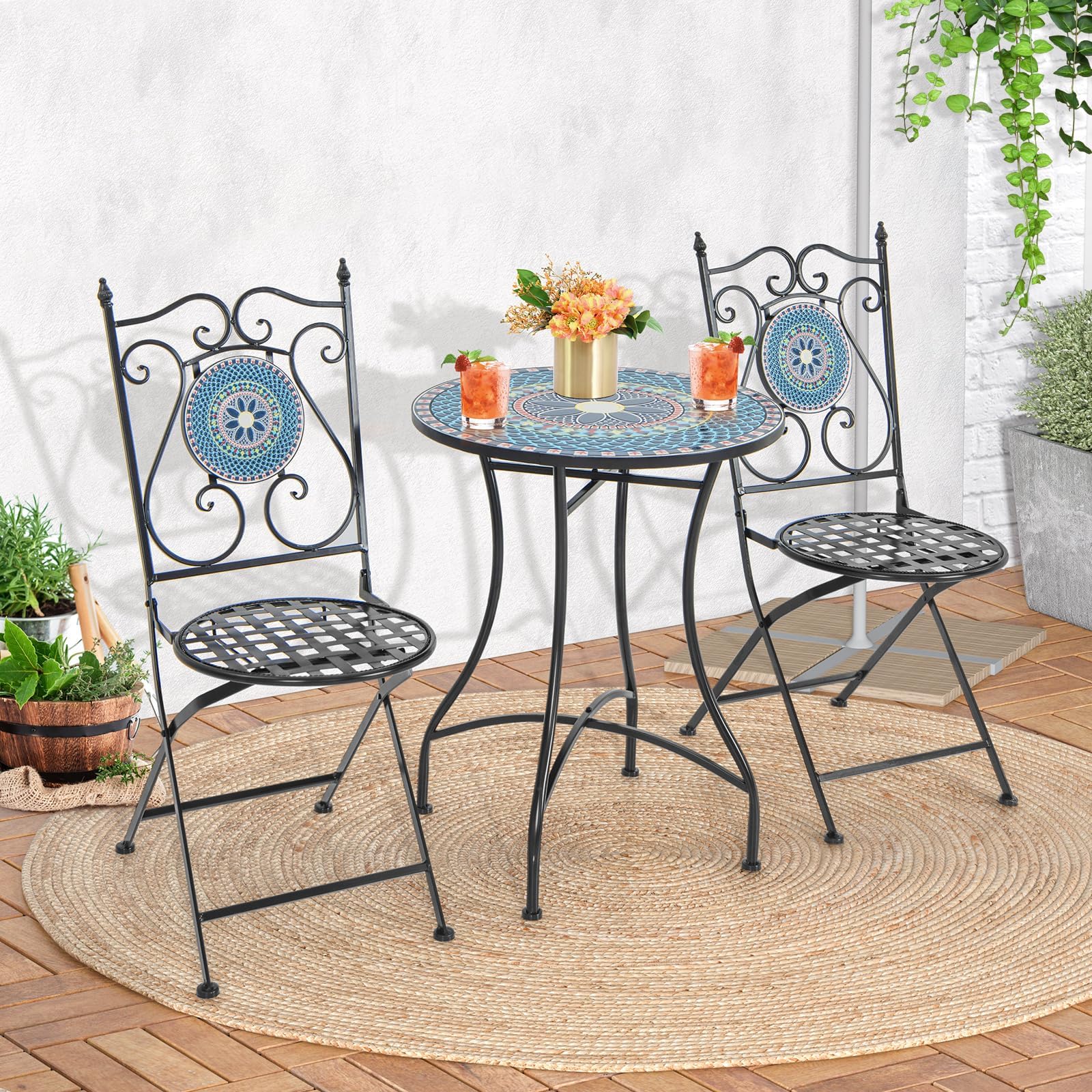 FANTASK Runder Bistrotisch, Beistelltisch mit Mosaikplatte, Sitzgarnitur bis 50kg, Balkonmöbel, Gartenmöbel, für Terrasse, Garten & Balkon (Blau)