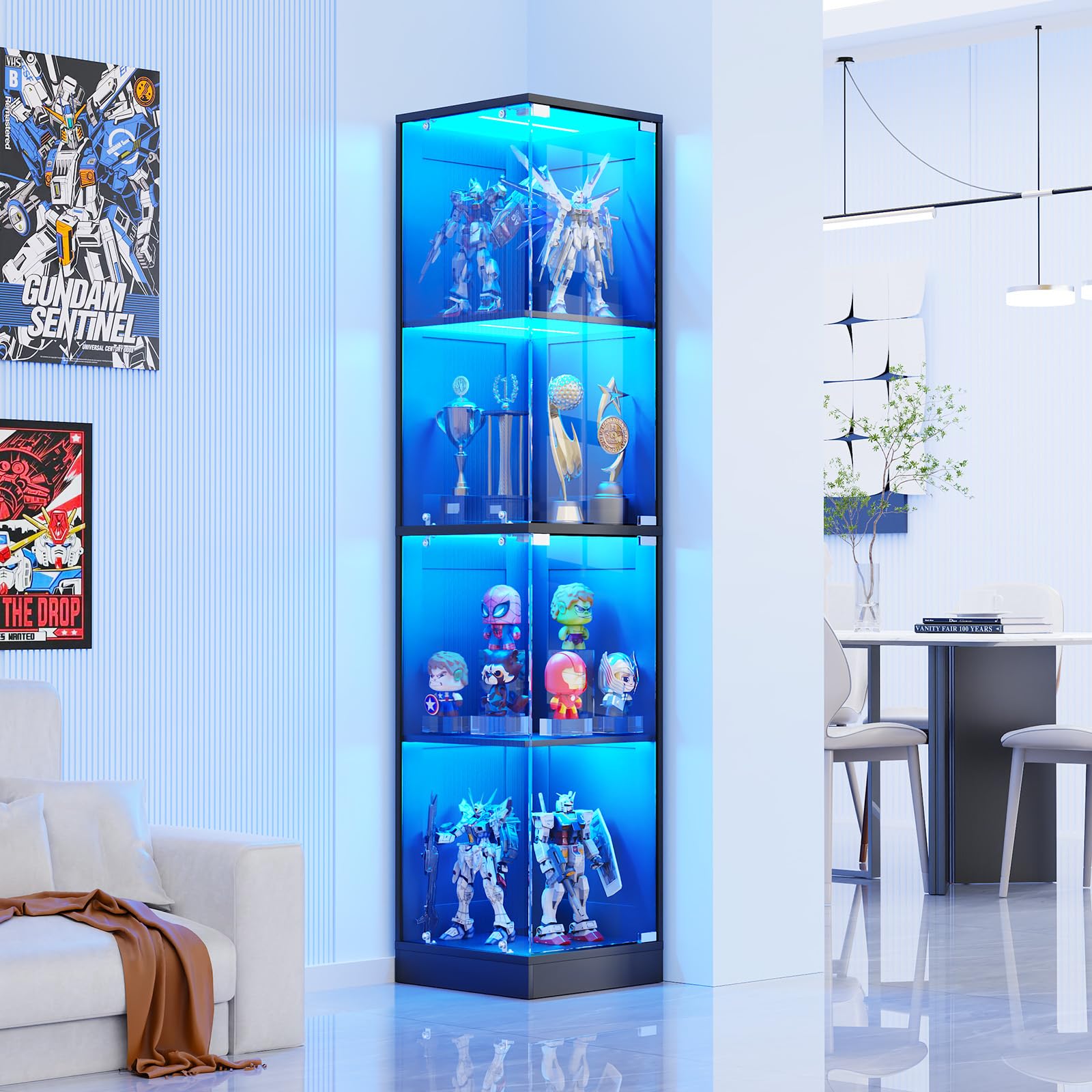 BROTTAR Corner Display Cabinet with Glass Doors, Curio Cabinet with 3 Color LED Lights for Collectibles, 4-Tier Display Case with Human Body Sensor for Toys, Books, Black