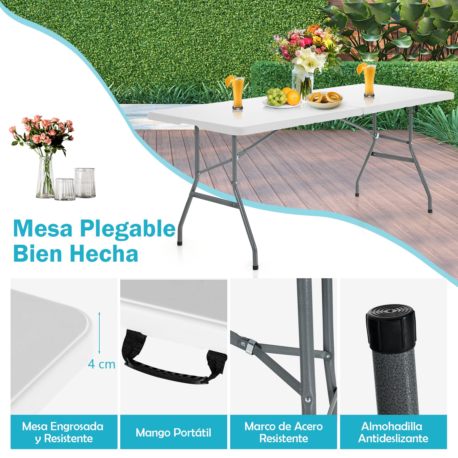GYMAX Mesa de Camping Portátil Plegable con Asa de Transporte, Mesa de Jardín, Mesa de Balcón hasta 150 kg, Soporta 180 x 73 x 73 cm, para Exteriores, Camping, Pícnic, Blanco
