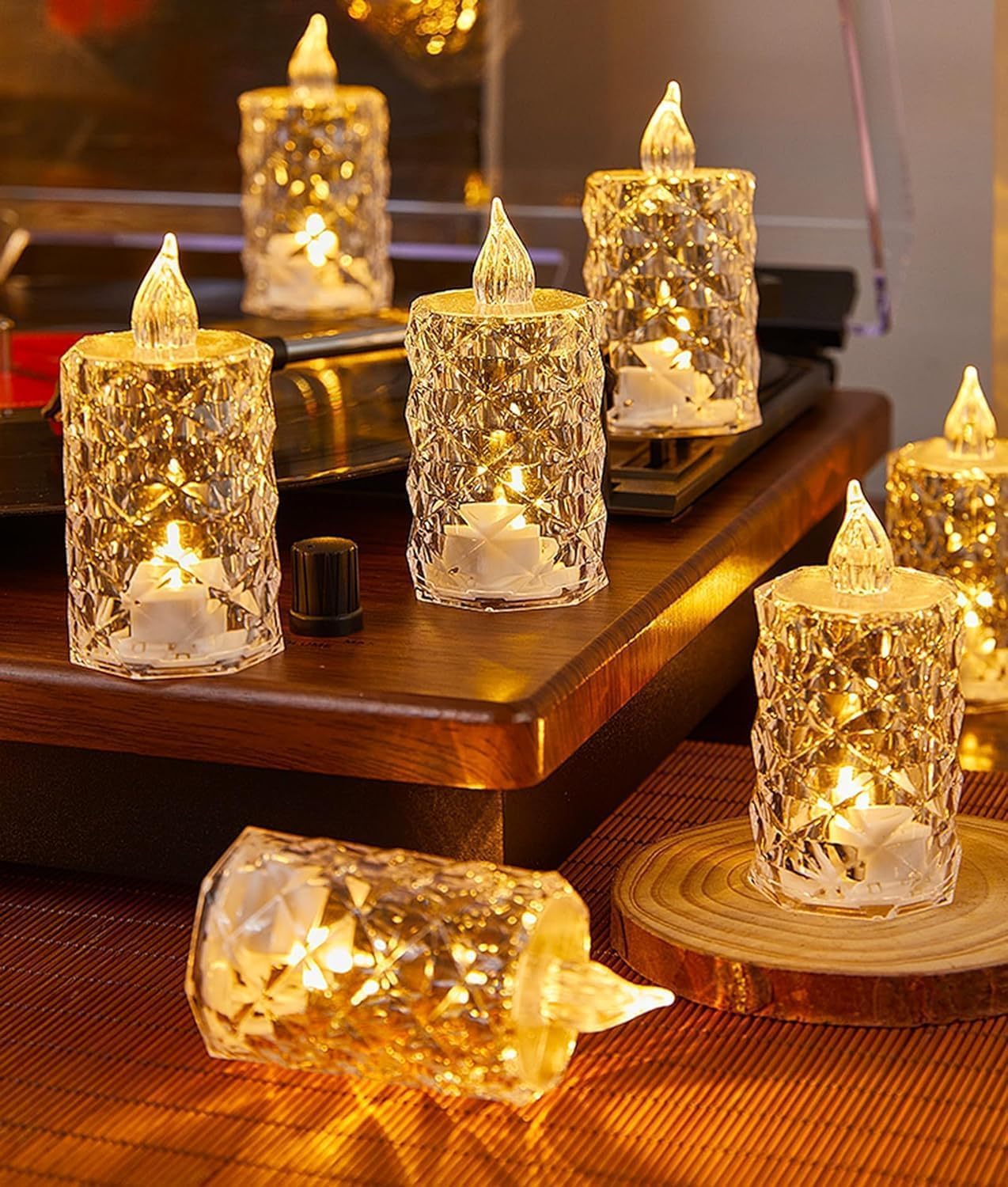 4pcs Realistic and Bright Battery Operated Flameless LED Tea Lights Candles Crystal Flameless Candle Lights Twinkling Light Crystal Electric Fake Candles for Weddings Christmas Party Decoration (L)