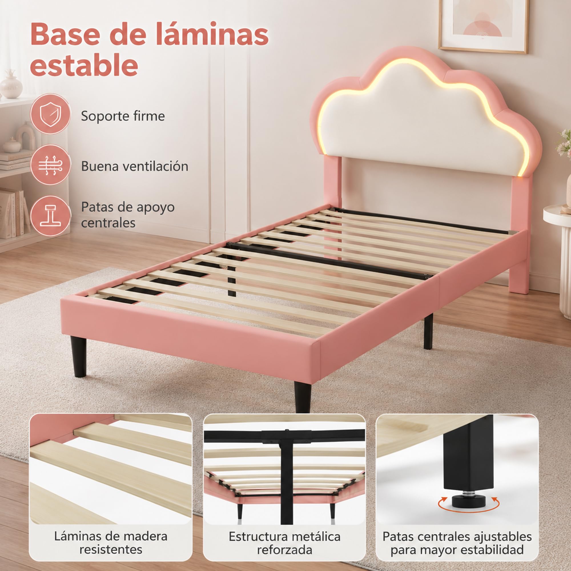 Cama infantil niña 90 x 200 cm, cama infantil nube con LED, cabecera ajustable en altura en forma de nubes, somier de láminas, camas acolchadas para 1 persona para niña adolescente, PU, rosa+blanco
