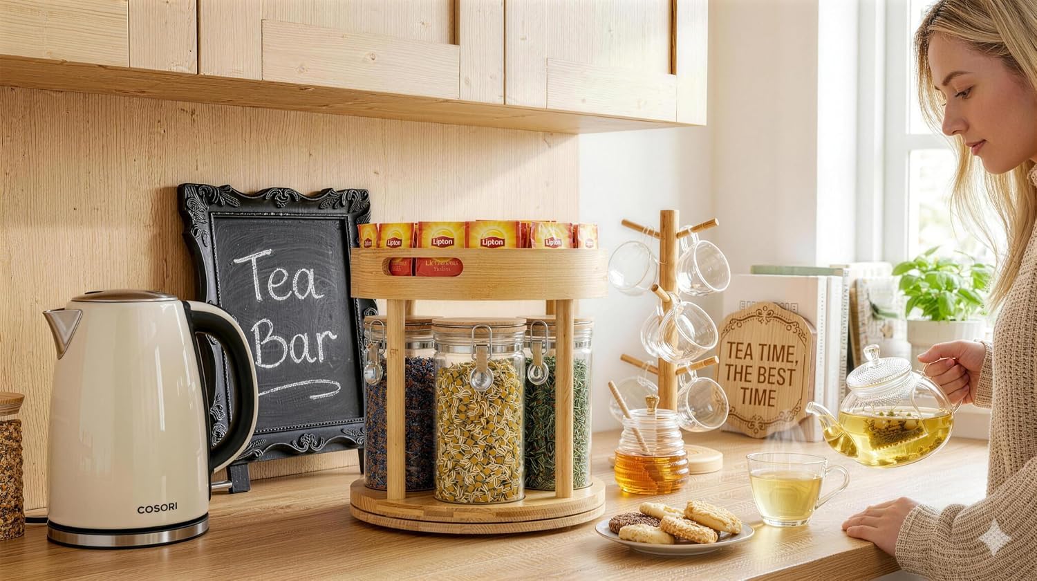 Glass Loose Leaf Tea Storage Container Set - 4Pcs 40oz Airtight Tea Leaf Jars with Bamboo Lids, Revolving Lazy Susan Organizer for Tea Bar & Station, Rotating Tea Caddy for Tea Bags & Accents image 2