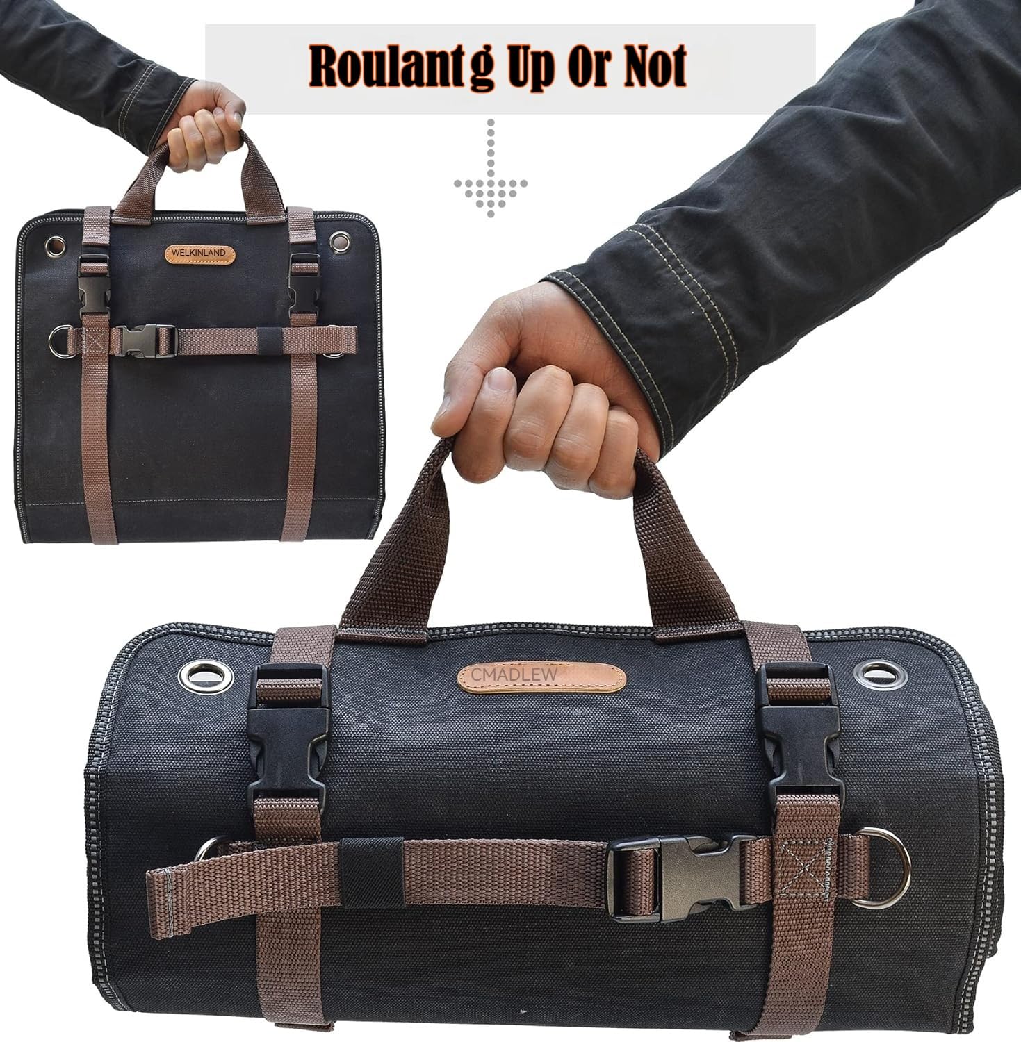 WELKINLAND Rouleau à Outils en Toile Cirée Robuste - 15 Poches, Capacité 15 L, Sac à Outils Enroulable, Organisateur