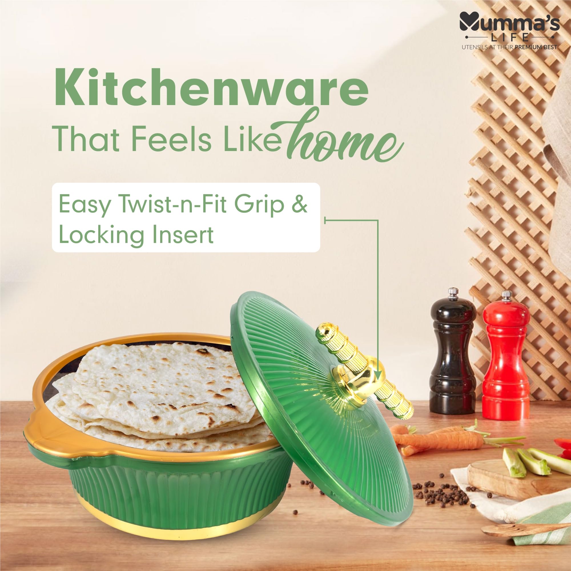 Mumma's LIFE insulated Casserole Hotpot/Chapati Box/Hot Case with Lid Thermoware Casserole Masti (2500ML) (Green) 2