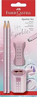 Faber-Castell 118298 – Juego de lápices Sparkle, con sacapuntas, goma de borrar y 2 lápices, set de escritura rosa metalizada