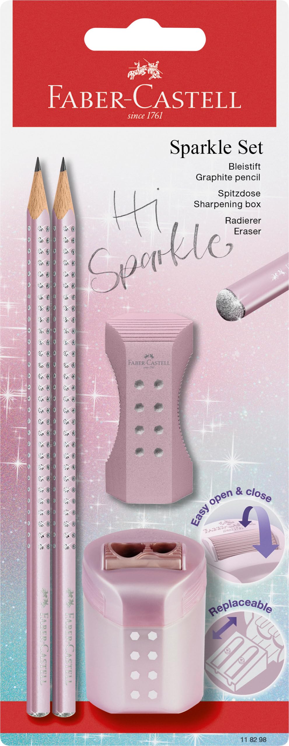 Faber-Castell Sparkle 118298 Pencil Set including Sharpener, Eraser and 2 Pencils, Writing Set Rose Metallic