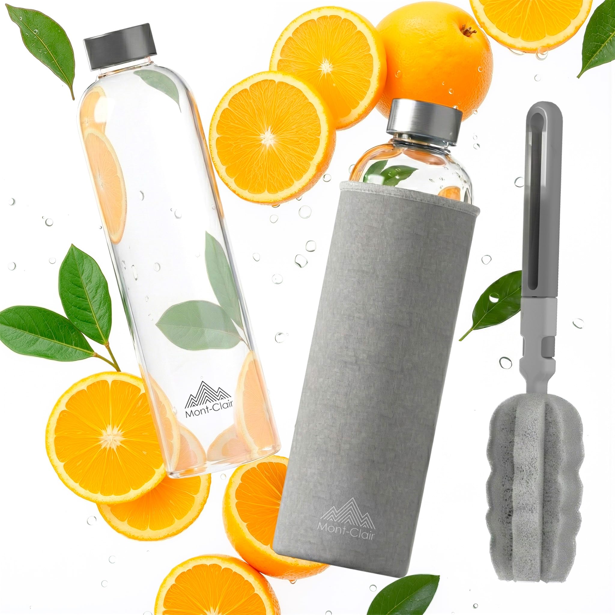 Mont-Clair Grey Kristal Borosilicate Glass Water Bottle 550Ml With Neoprene Sleeve - Leak Proof + Bpa Free - Hot & Cold Drinks - Ideal For Adult, Kids, Travel, Sports, Gym, Running