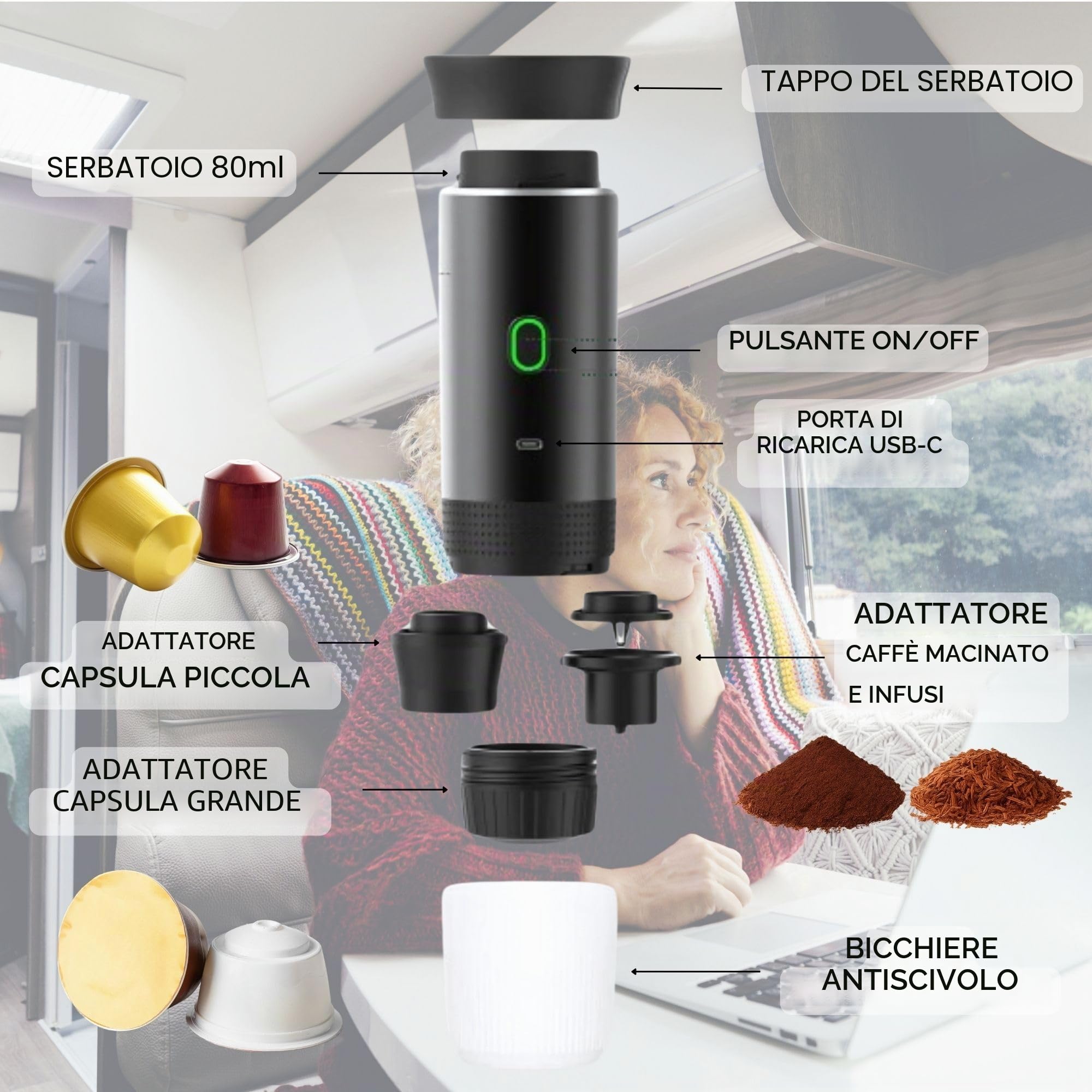 Macchina Caffè Portatile Capsule Ricaricabile USB, Macchina da Caffè Portatile Multicapsula e Caffè Macinato con Riscaldamento Automatico, Ideale per Viaggi, Campeggio, Ufficio e Auto (Grigio)
