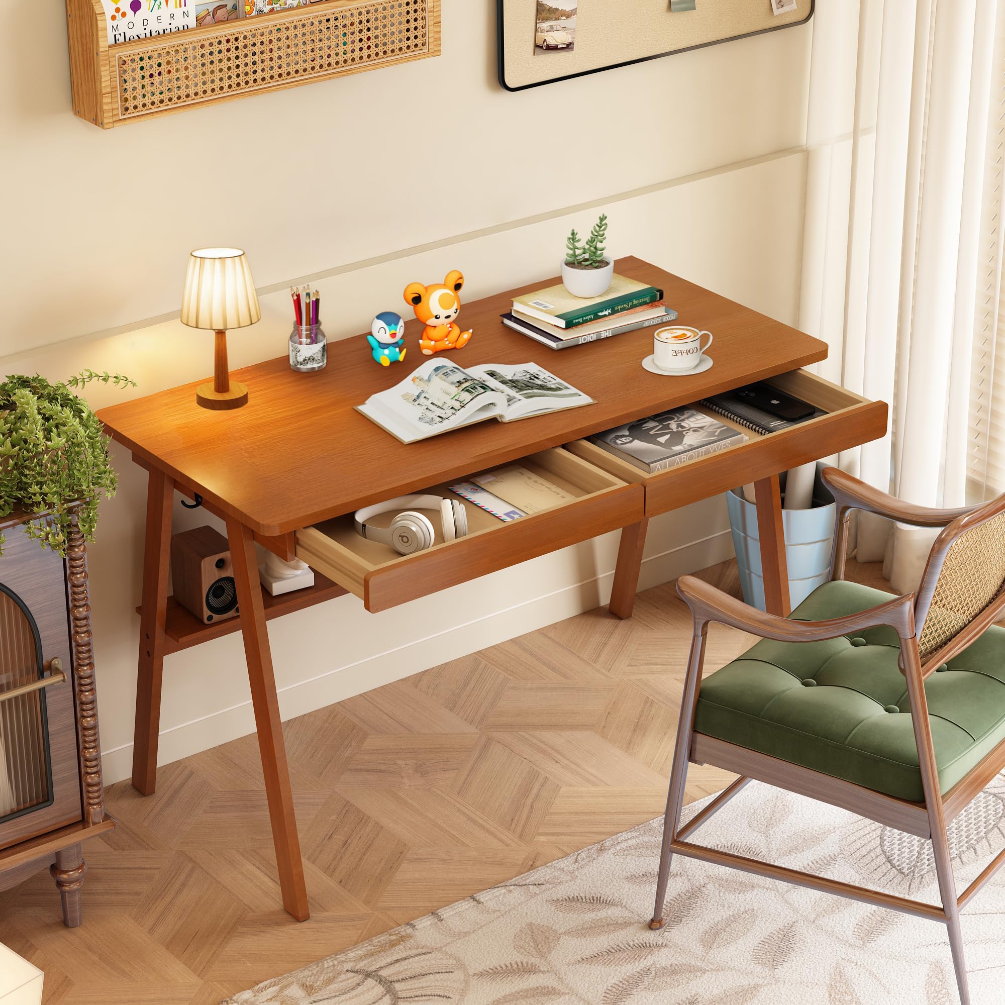 100% Solid Wood Writing Desk - 47.2" Mid Century Modern Desk, Home Office Desks with 2 Drawers and Storage Shelf, Small Computer Desks, Study Makeup