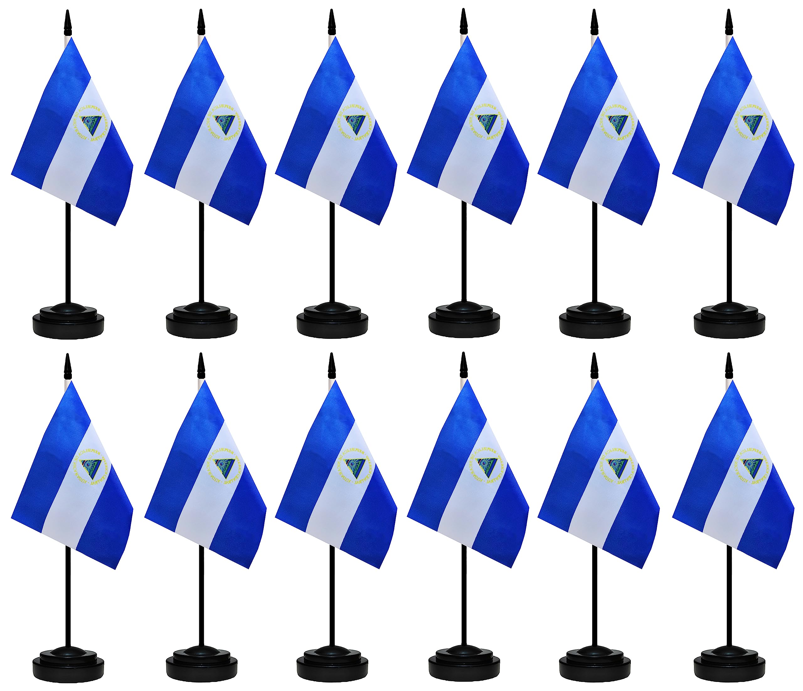 Nicaragua Flags Nicaraguans Desk Flags Set Small Mini Nicaragua Flags Table Flag with 13" Black Pole, Black Base and Spear Top, Miniature Nicaraguans Deluxe Desktop Flag, Home Decoration, Office