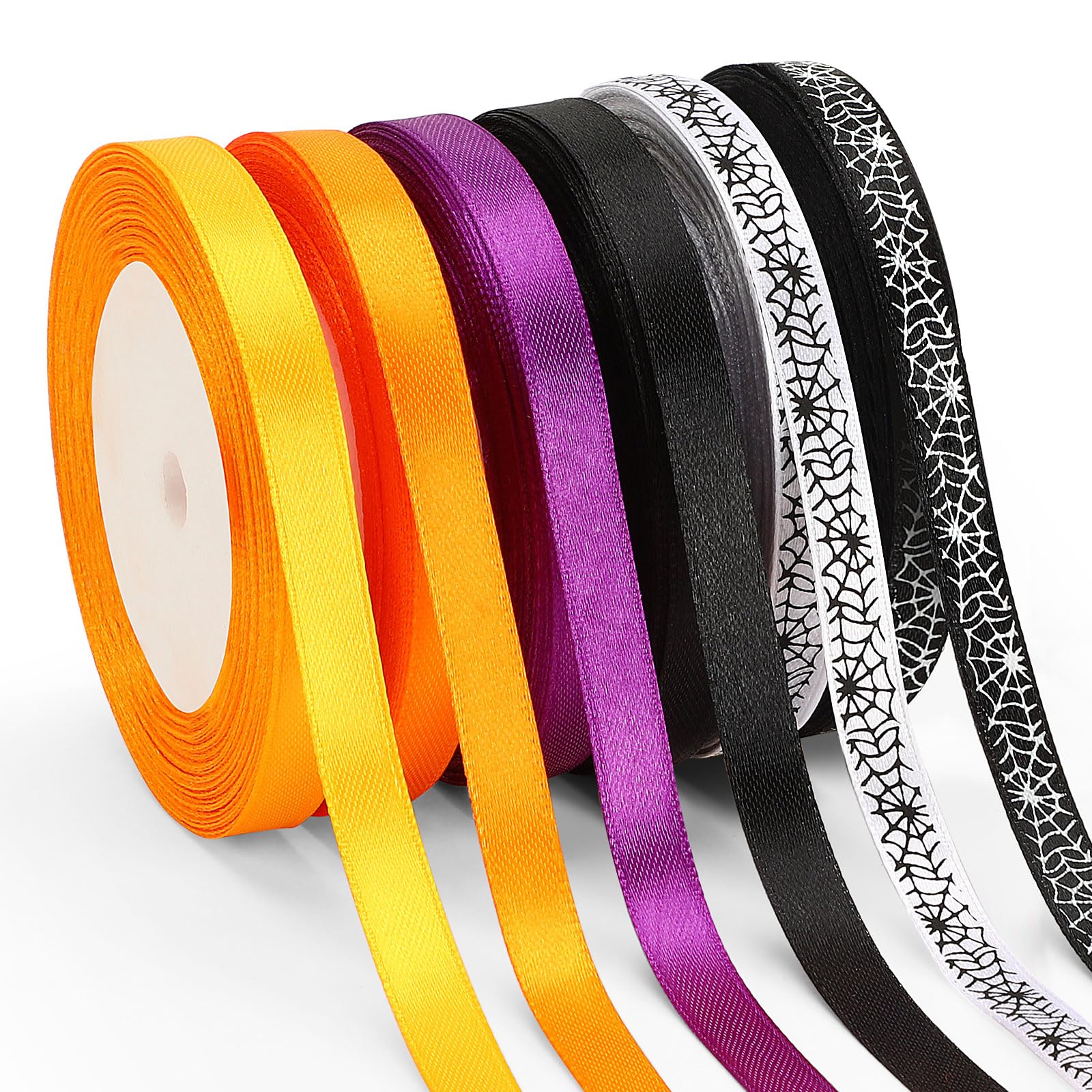 Ruban de satin Halloween orange violet noir à motifs toiles d'araignée pour création