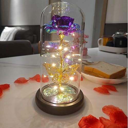 Miniatura 3 de Regalos de rosas para el día de San Valentín para mujeres, mariposas doradas, coloridas flores moradas, regalos para mamá, madre, luz LED, rosa