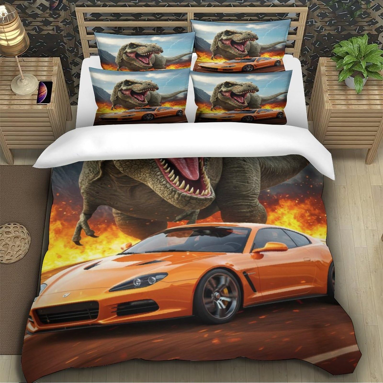 Inseguimento dei dinosauri 3D Stampa Coperteletto 3pz Microfibra Ipollergenica Film d'azione Coperta Letto 2 federe Antimacchia Ragazze Bambini Super king（260x220cm）