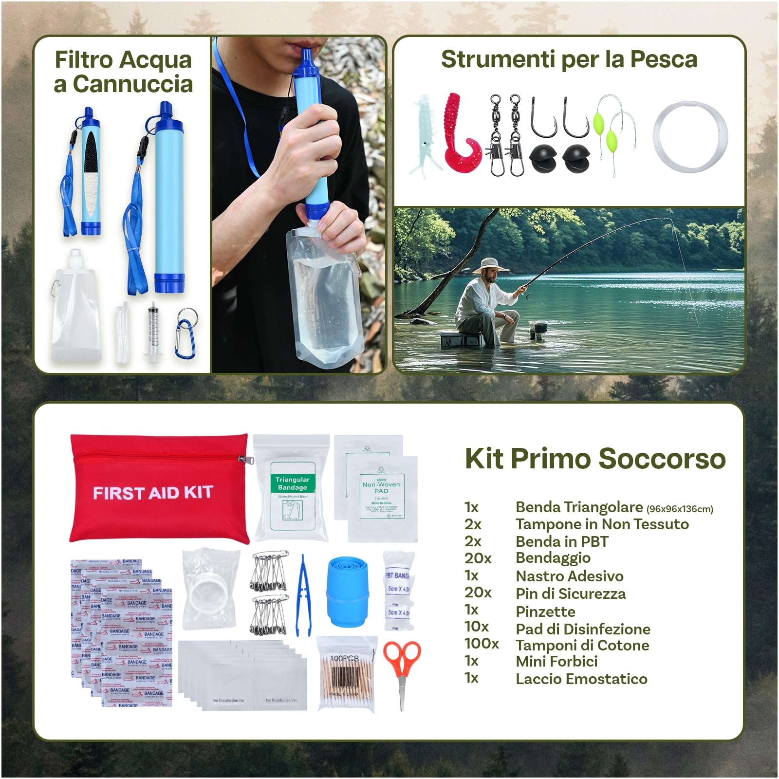 Kit di Sopravvivenza Tutto-in-Uno – Attrezzatura d'Emergenza con Kit di Pronto Soccorso di MMOBIEL – Survival Set con Filtro l'Acqua, Bussola etc. per Campeggio, Escursioni, Avventura - Regalo Uomo