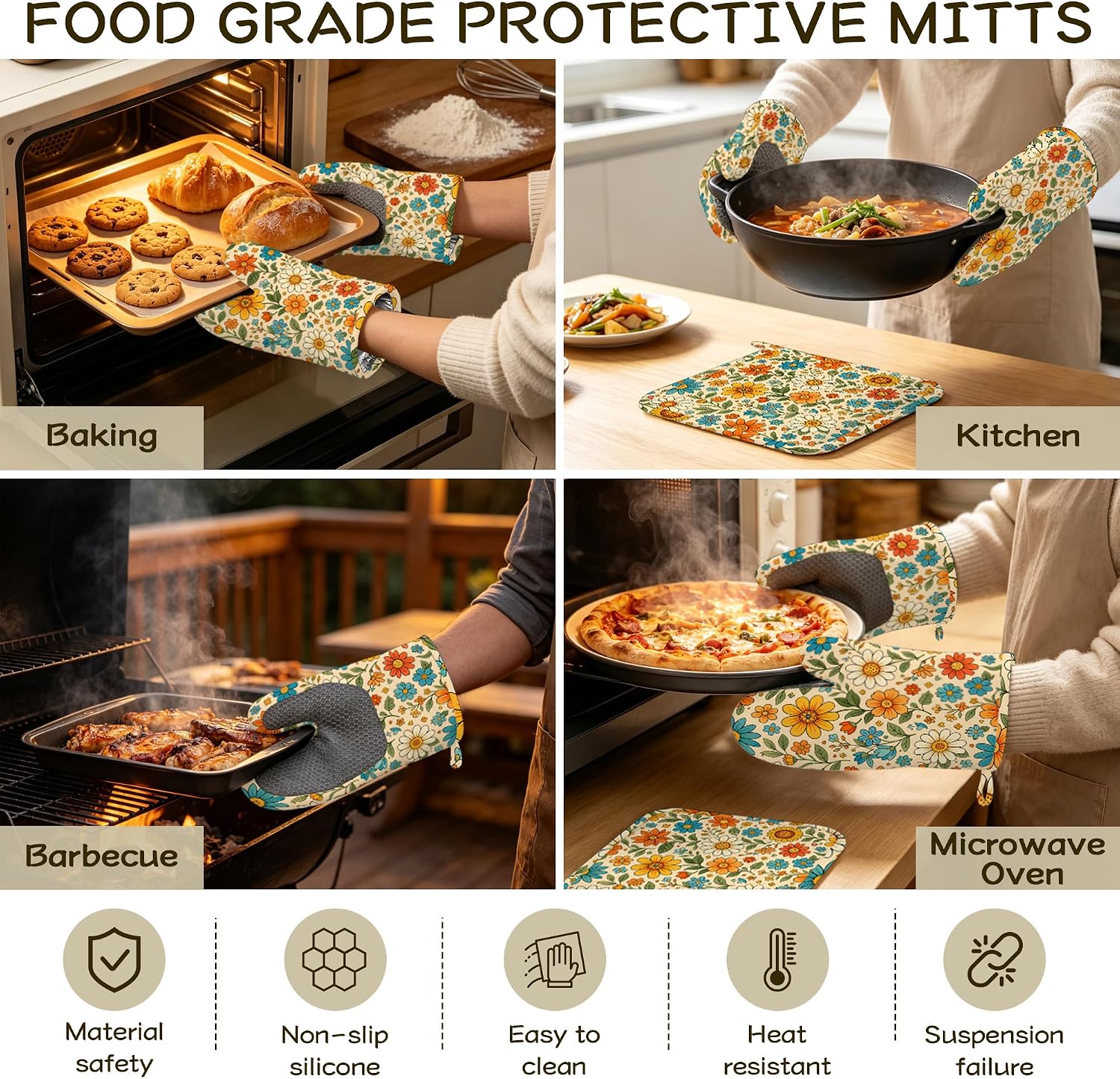 Retro 70s Boho Floral Oven Mitts and Pot Holders Sets of 4, Heat Resistant Silicone Oven Mitts Gloves Non-Slip Kitchen Mittens Potholders for Cooking Baking Grilling BBQ
