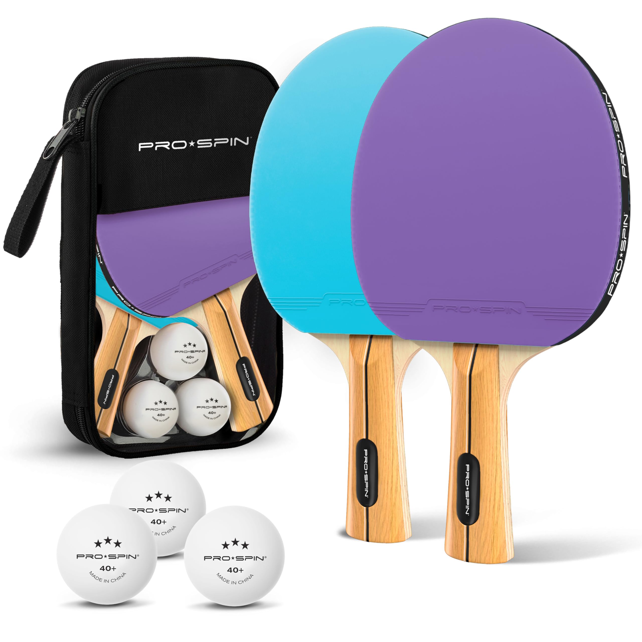 PRO-SPIN Table Tennis Bats - High-Performance Set with Premium Table Tennis Rackets, 3-Star Ping Pong Balls, Storage Case | Professional Quality Ping Pong Paddle Set (Purple|Blue, 2-Player Set)