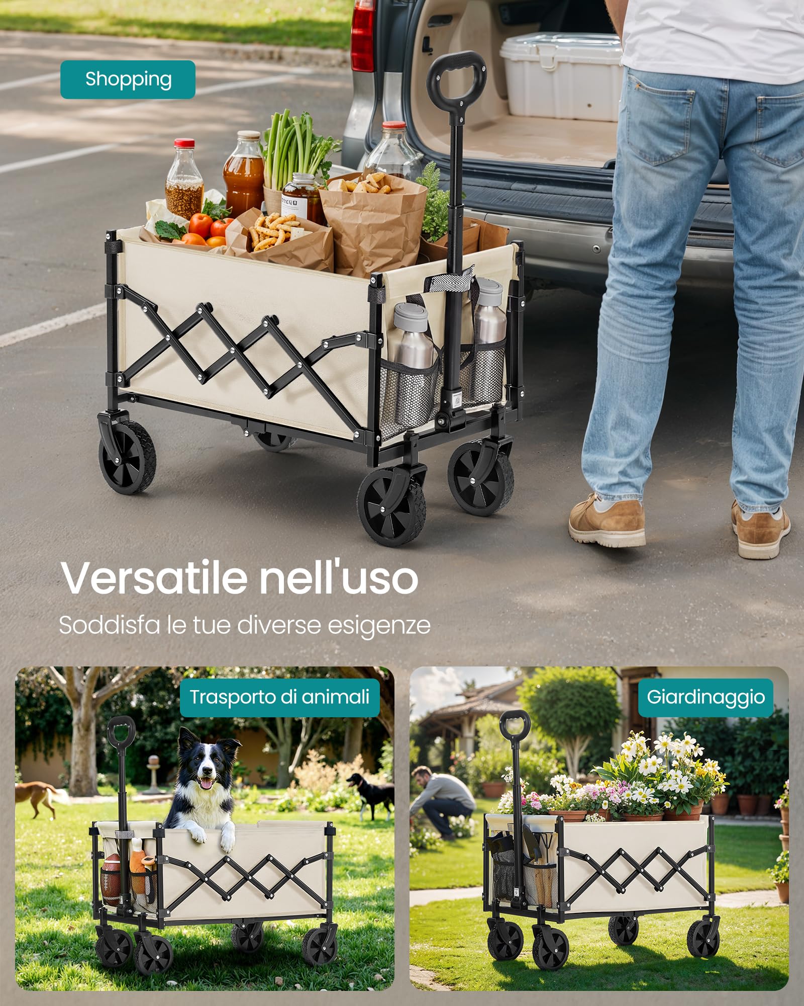 SONGMICS Carrello da Spiaggia Pieghevole 90 L 180 kg con Ruote Beige Sabbia
