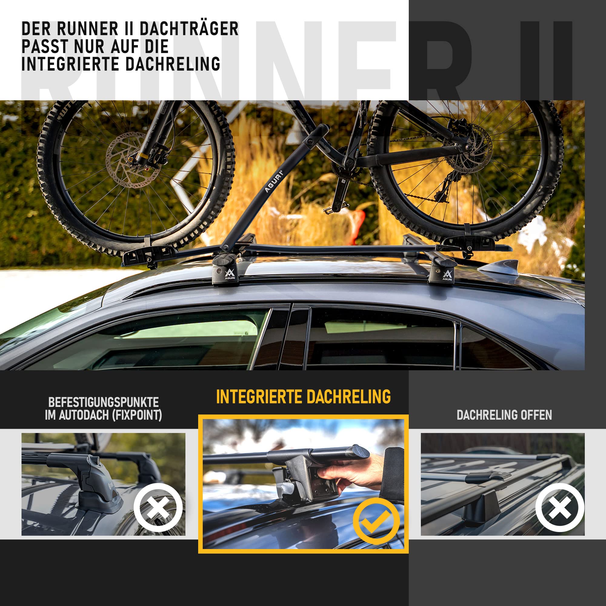 AGURI Runner II | Kompatibel mit Volvo XC60 II 2017+ | Dachgepäckträger Dachträger | Geeignet zur Befestigung von Dachboxen, Fahrradträger, Leiter | Robuste Konstruktion aus Alu | TÜV
