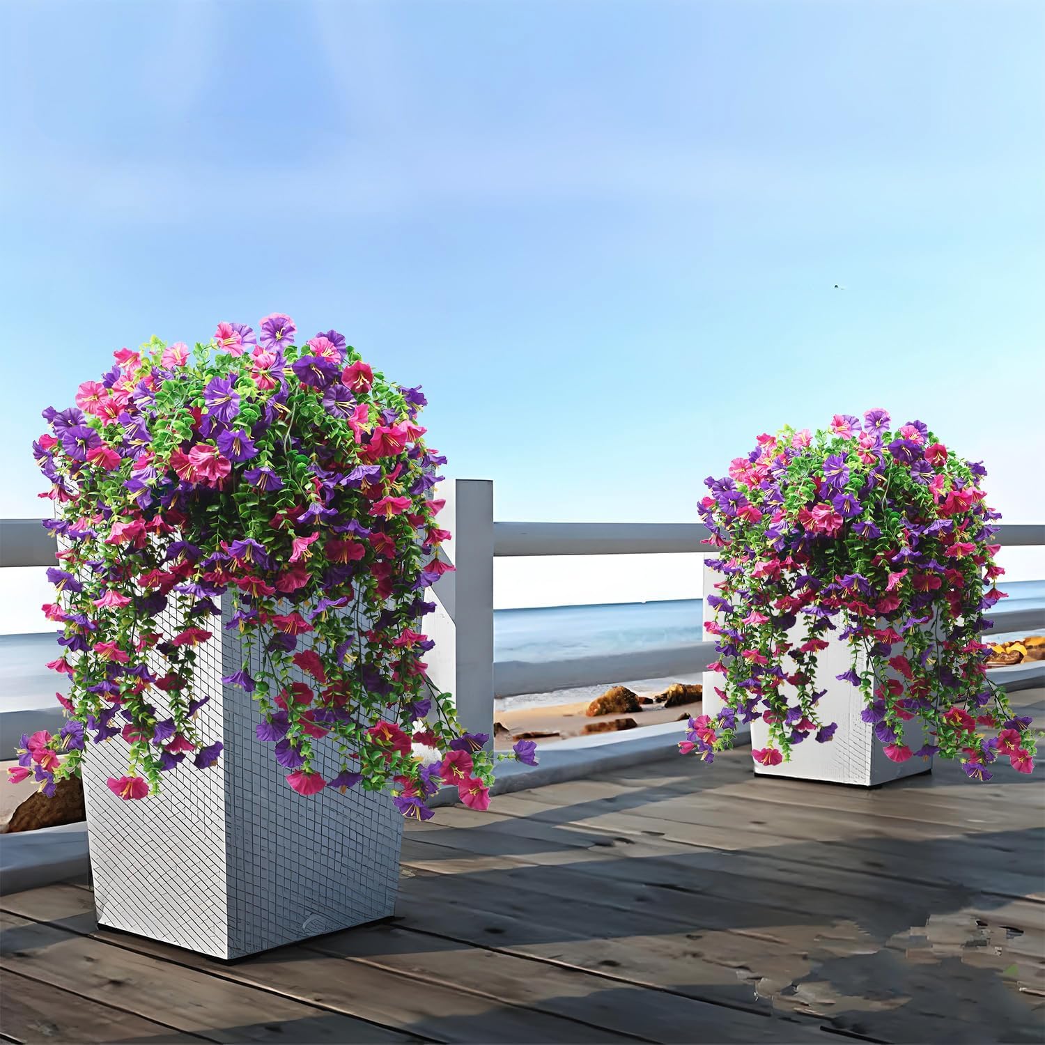 Look Real Artificial Flowers for Outdoors, Realistic Artificial Hanging Flowers for Outdoors,2 Pcs UV Resistant Fake Hanging Plants Silk Petunia Faux Flowers for Porch Planter Spring Decor Purple - Image 2