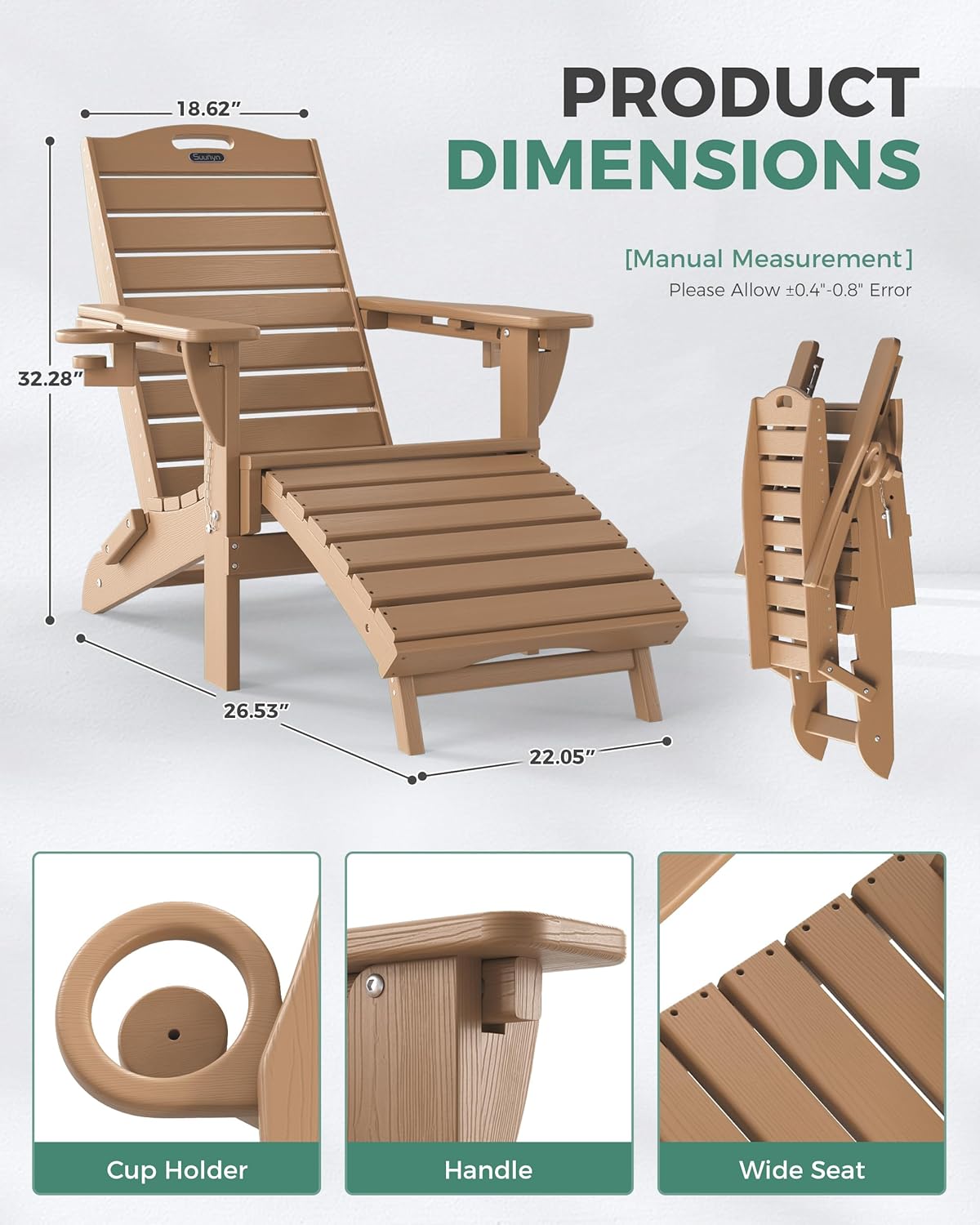 Folding Adirondack Chair with Retractable Ottoman Weather Resistant Fire Pit Chair Patio Chair with 2 Cup Holder Lawn Outdoor Lounge Chair (Teak)