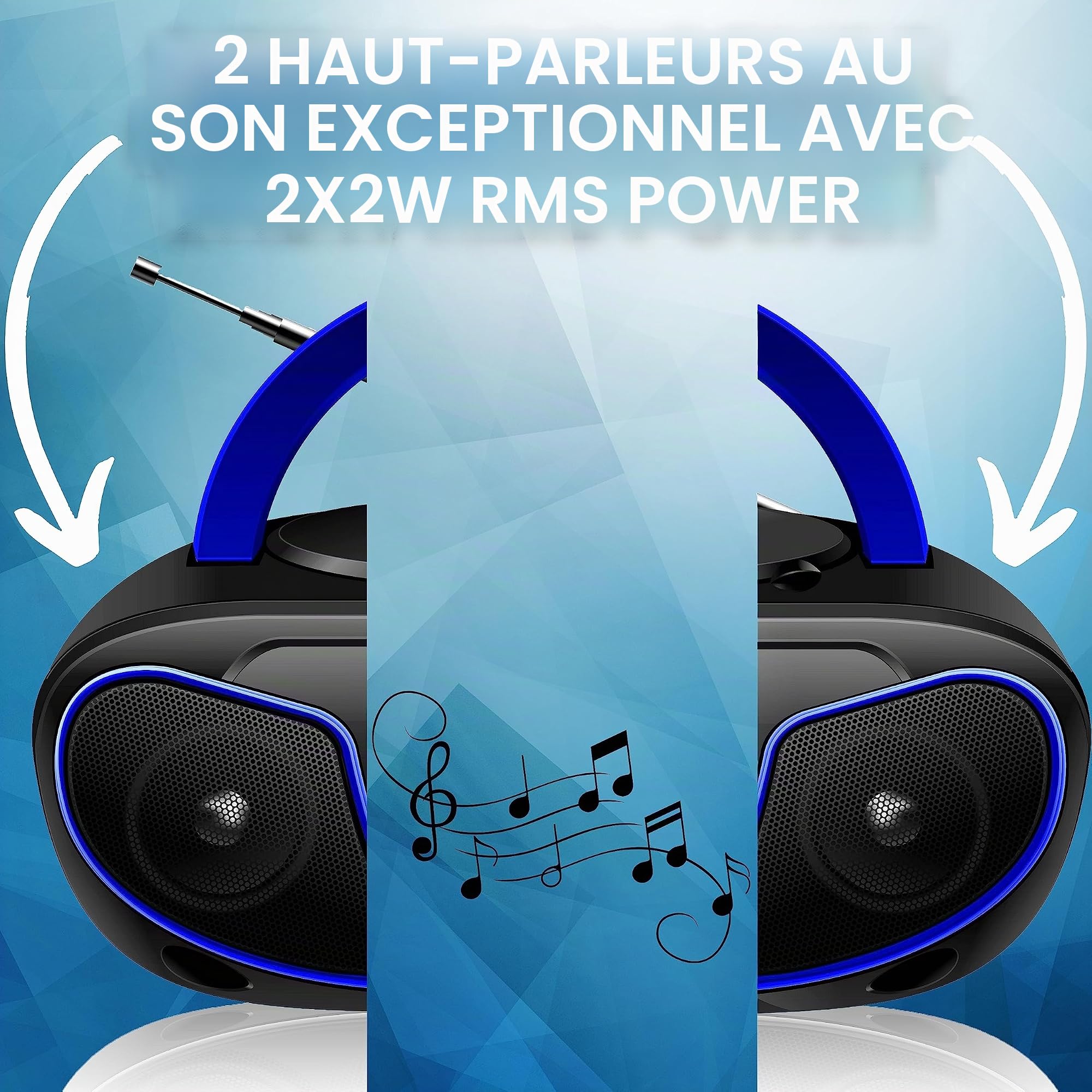 Lecteur CD/CD-R portable - Boombox - USB - Radio FM - Entrée AUX - Prise casque enfant - Chaîne stéréo - Système compact (Dark Blue)