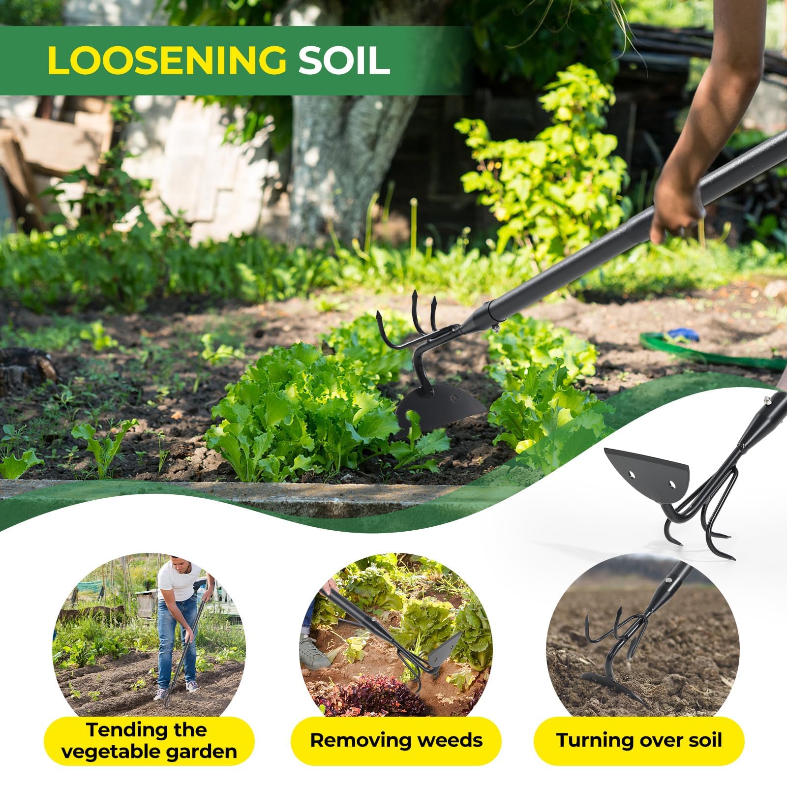 Gartenharken Grabegabel 150 cm Verstellbare Langstiel-Unkrauthacke - Schwere Beethacke Gartenwerkzeuge zum Jäten & Auflockern von Erde für Garten, Rasen und Yardarbeit