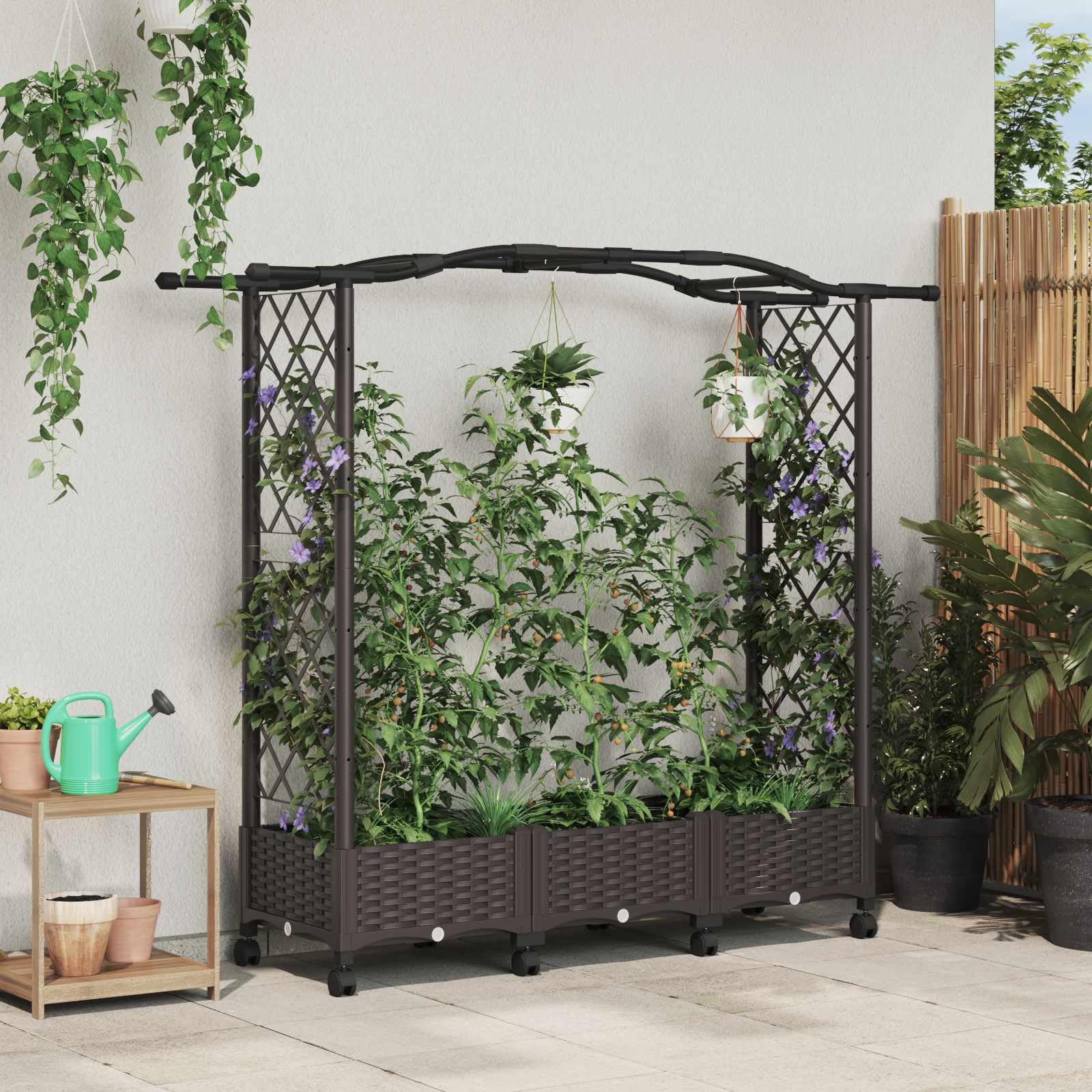 vidaXL Huerto Elevado con Celosía y Ruedas Marrón PP, Jardinera Moderna Elevada con Techo, Móvil, para Hierbas, Verduras, Ideas de Jardinería Urbana