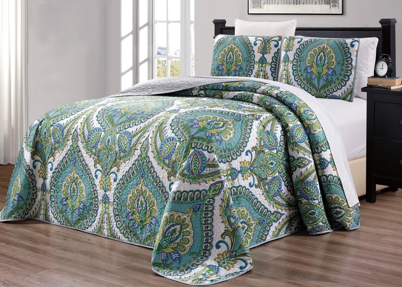 Grand Linen - 3-Piece Oversize (115 X 95) Fine Printed Prewashed Quilt Set Reversible Bedspread Coverlet King Size Bed Cover (Turquoise Blue, Grey, White, Sage Green)