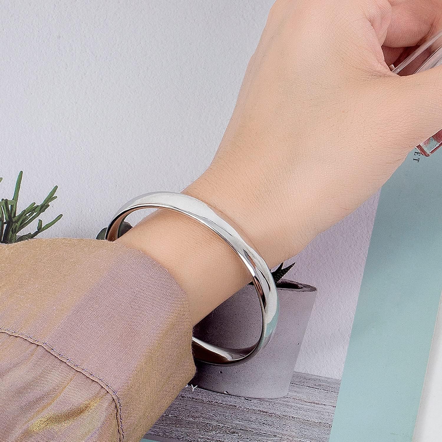 Dankadi Minimalism Women Men 925 Sterling Silver Bracelet Width 7-8MM Diameter 60-65 mm Solid Smooth On Bangle Cuff Fashion Fine Jewelry Gifts (Width 8MM 1 Piece, Diameter 65MM) - Image 4