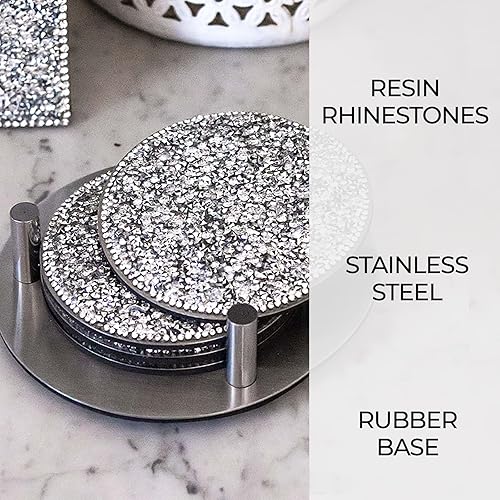 Miniatura 5 de Juego de posavasos luminoso, deslumbrantes diamantes de imitación en acero inoxidable, respaldo protector, para café glamoroso y mesas auxiliares,