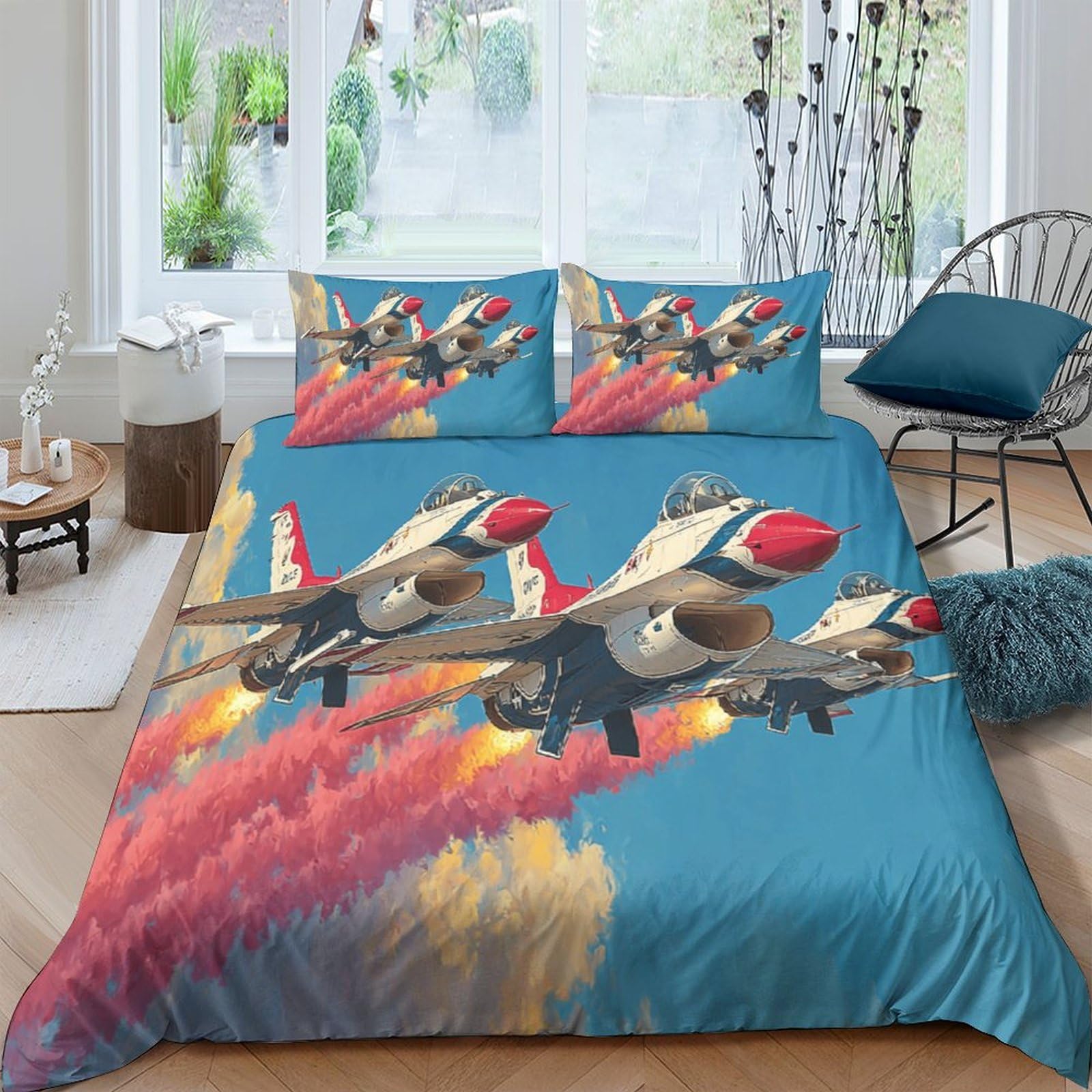 Ctjqhvkz Style-3 3D Printed Fighter Jet Fitted Sheet Microfiber Soft Blue Sky Aircraft Bed Cover For Bedroom Guest Room Decor Single（135X200cm）